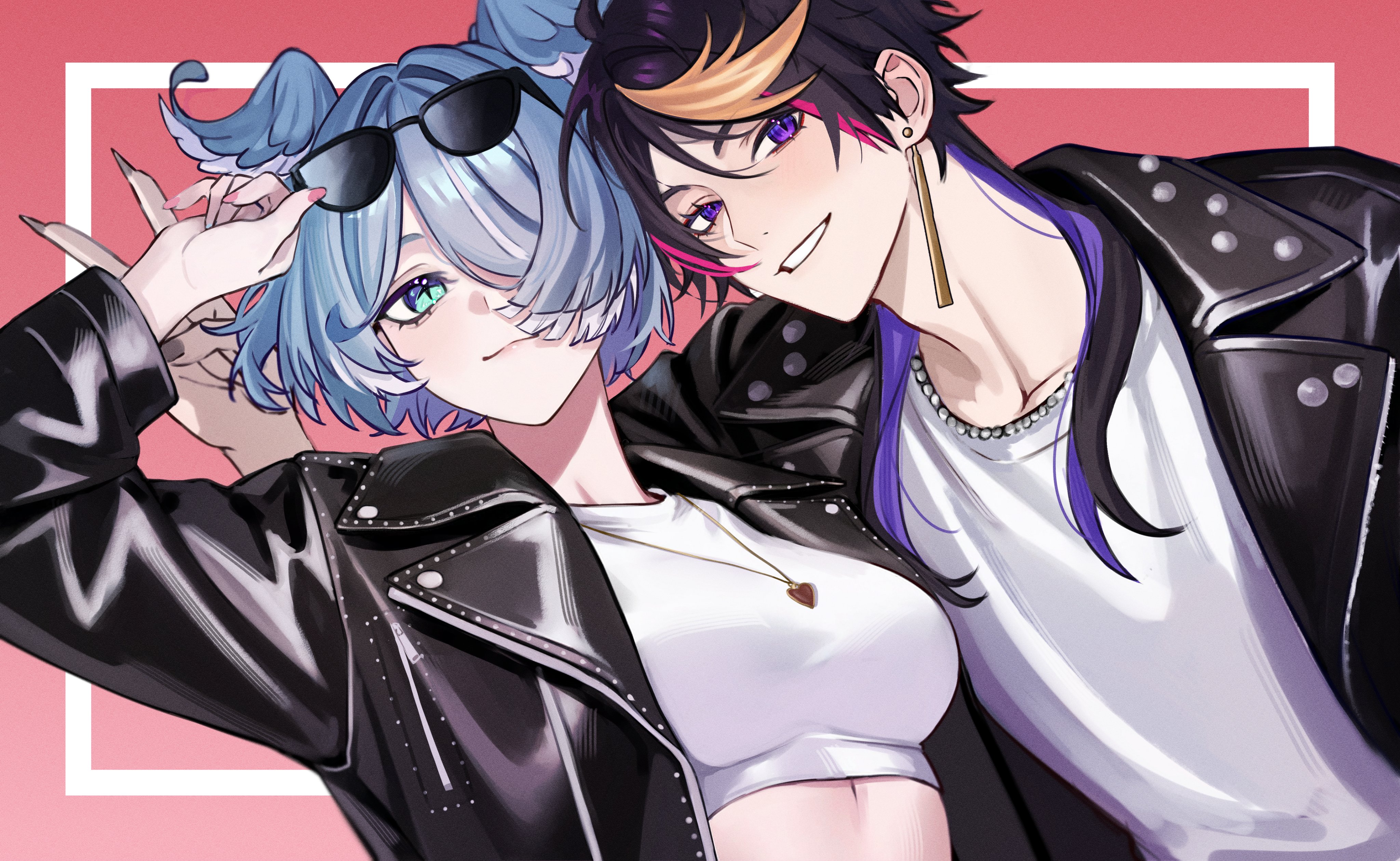 ive (iveith), elira pendora, shu yamino, apt. (rose & bruno mars), nijisanji, nijisanji en, absurdres, highres, 1boy, 1girl, black-framed eyewear, black hair, black jacket, blonde hair, blue hair, earrings, green eyes, grin, head wings, jacket, jewelry, leather, leather jacket, midriff, multicolored hair, necklace, official alternate hair length, official alternate hairstyle, pink nails, red hair, short hair, short hair with long locks, smile, sunglasses, virtual youtuber, white hair, wings