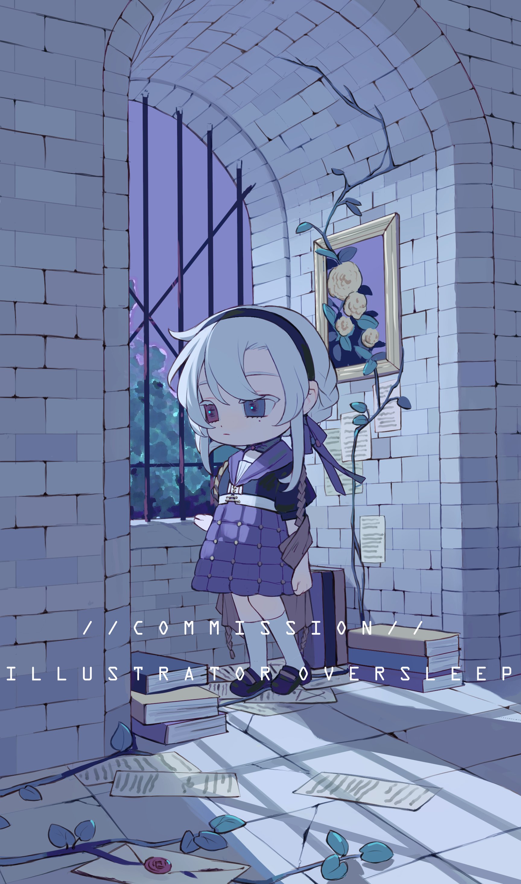 oversleep, original, absurdres, highres, 1girl, black hairband, black shoes, blue eyes, book, braid, brick floor, brick wall, chibi, chibi only, dress, flower, full body, hair between eyes, hairband, heterochromia, indoors, letter, long hair, long sleeves, night, paper, purple sailor collar, red eyes, ribbon, sailor collar, school uniform, serafuku, shirt, shoes, sidelocks, socks, solo, standing, white hair, white socks, window, window shadow