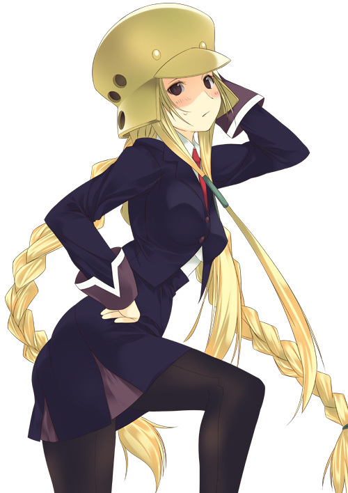 ritsuko kubel kettenkrad, kujibiki unbalance, 00s, 1girl, blush, braid, breasts, female focus, hand on own hip, hat, helmet, long hair, necktie, pantyhose, plait, school uniform, simple background, skirt, solo, very long hair, white background