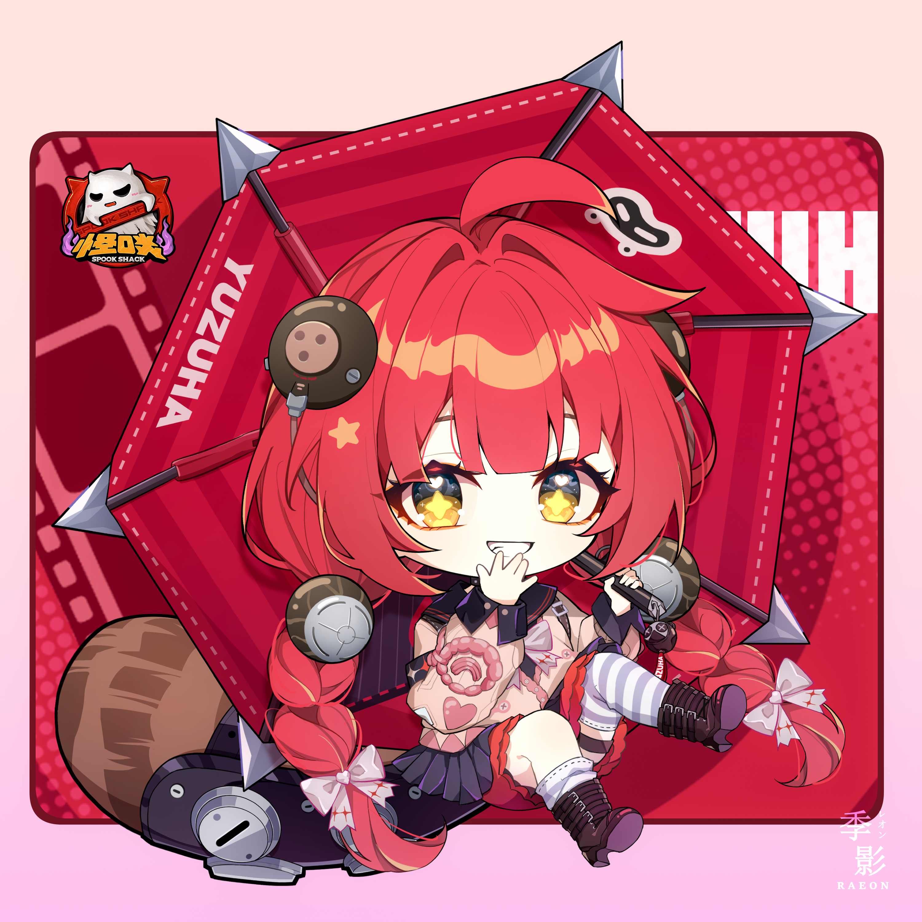 raxa9501, ukinami yuzuha, zenless zone zero, braided twintails, absurdres, highres, 1girl, blush, bow, braid, breasts, cardigan, chest bow, chibi, green eyes, hair ornament, hearing aid, long hair, looking at viewer, pink cardigan, red hair, smile, solo, sphere hair ornament, twin braids, twintails, very long hair