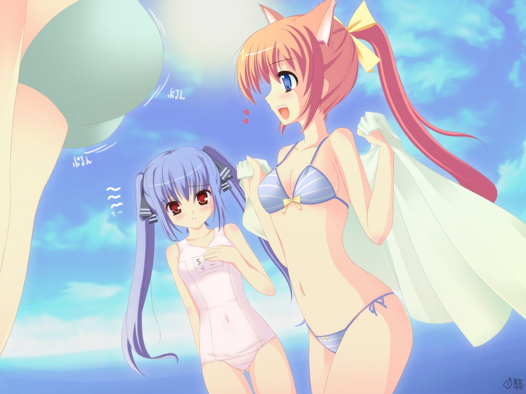 hana, natsumiya yuzu, hana (pangya), kooh (pangya), pangya, 2girls, animal ears, beach, bikini, bow, breast envy, breasts, cat ears, day, long hair, multiple girls, one-piece swimsuit, outdoors, school swimsuit, side-tie bikini bottom, sky, striped bikini, striped clothes, swimsuit, twintails, white one-piece swimsuit, white school swimsuit