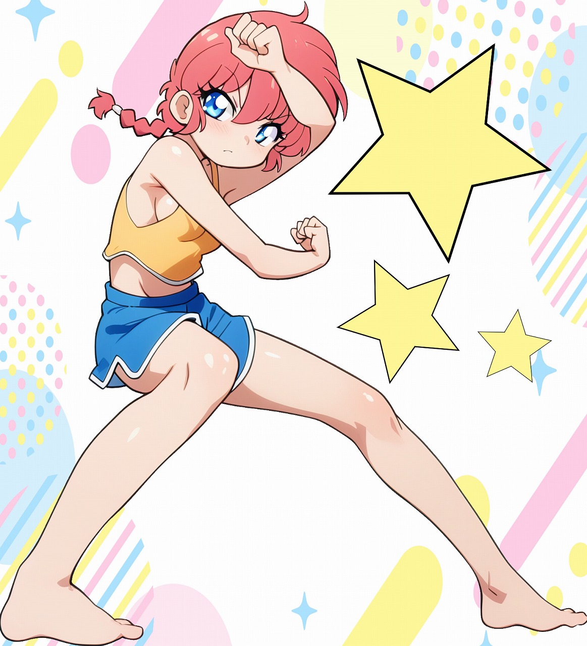 odochi (1or8), ranma-chan, ranma 1/2, commentary request, highres, 1girl, bare shoulders, barefoot, blue eyes, braid, braided ponytail, breasts, fighting stance, full body, midriff peek, pink hair, short hair, shorts, sideboob, single braid, solo, star (symbol), tank top