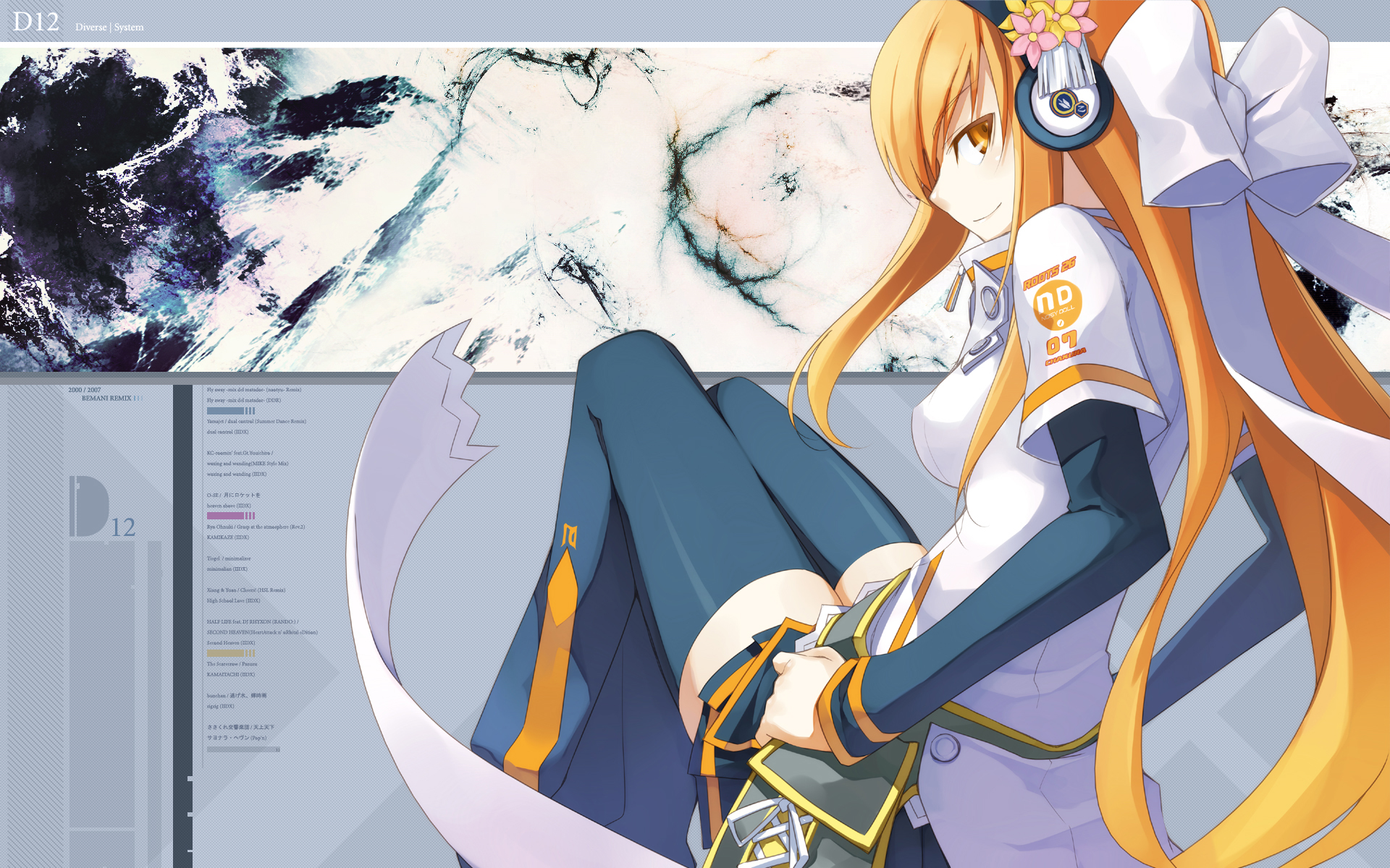 kagamine rin, vocaloid, vocaloid2, highres, blush, bow, breasts, flower, headphones, long hair, skirt, thighhighs