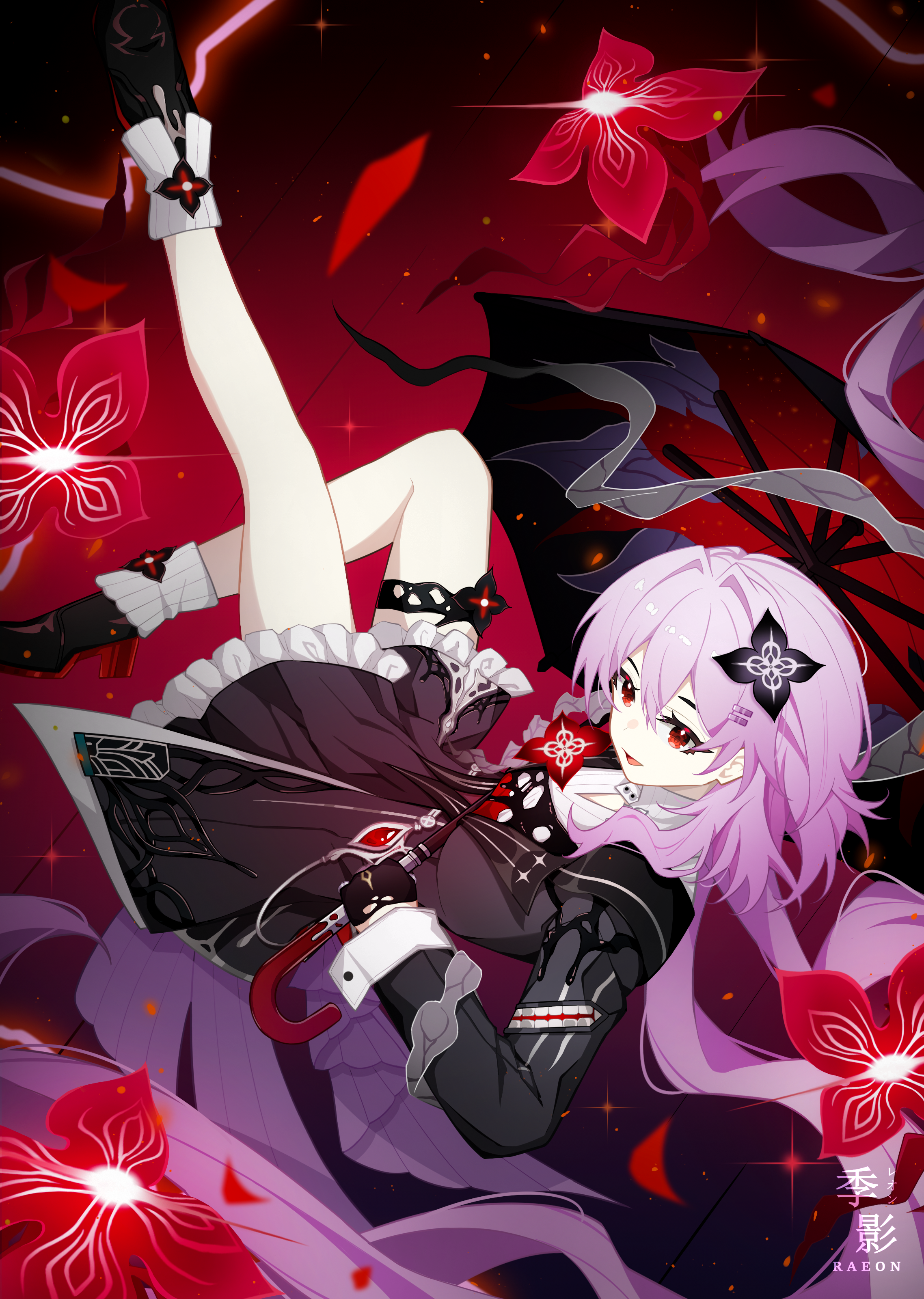 raxa9501, evernight (honkai: star rail), march 7th (honkai: star rail), honkai: star rail, honkai (series), absurdres, highres, 1girl, black dress, black flower, black gloves, dress, flower, gloves, hair between eyes, hair flower, hair ornament, hairclip, holding, holding umbrella, long hair, long sleeves, looking at viewer, official alternate costume, pink hair, red eyes, smile, solo, umbrella