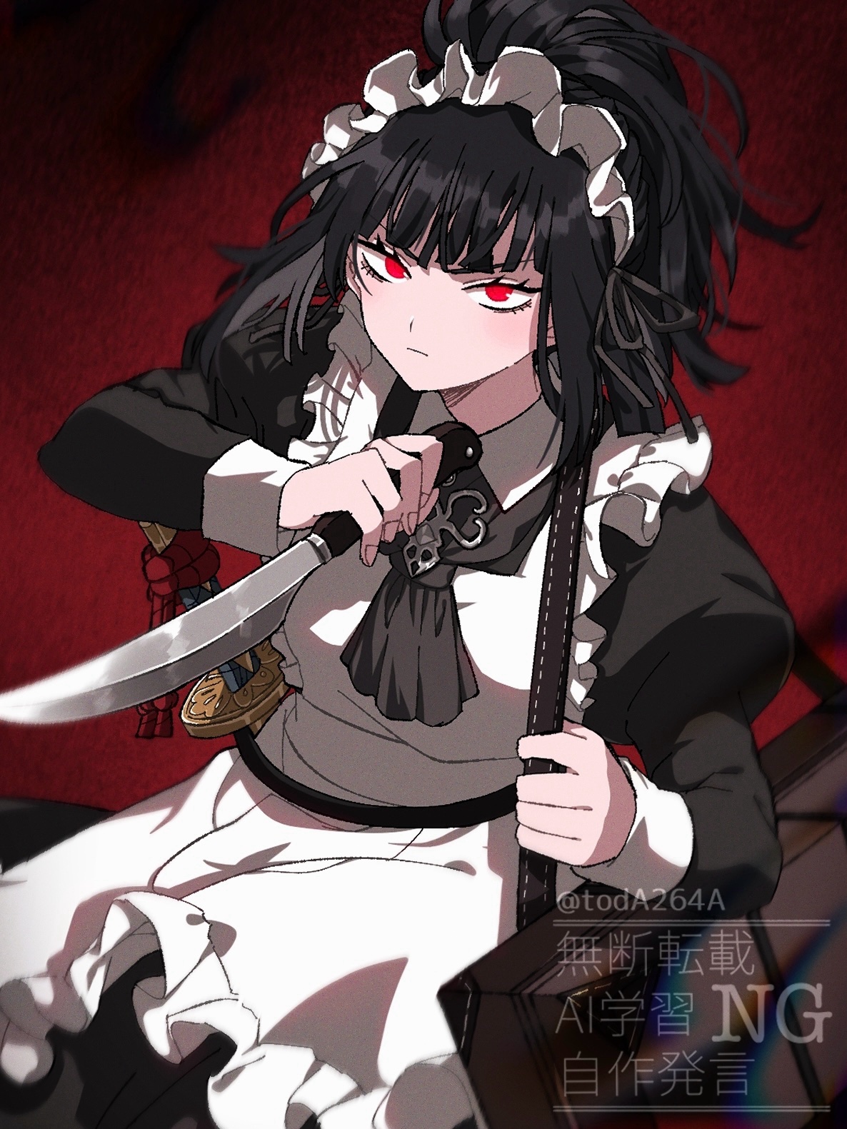 rug (yurari606), ryoshu (project moon), limbus company, project moon, highres, 1girl, apron, ascot, bag, black ascot, black dress, black hair, dress, holding, holding knife, juliet sleeves, knife, long hair, long sleeves, looking at viewer, maid apron, maid headdress, ponytail, puffy sleeves, red background, red eyes, shoulder bag, simple background, solo, standing, upper body, white apron, wuthering heights (identity) (project moon)