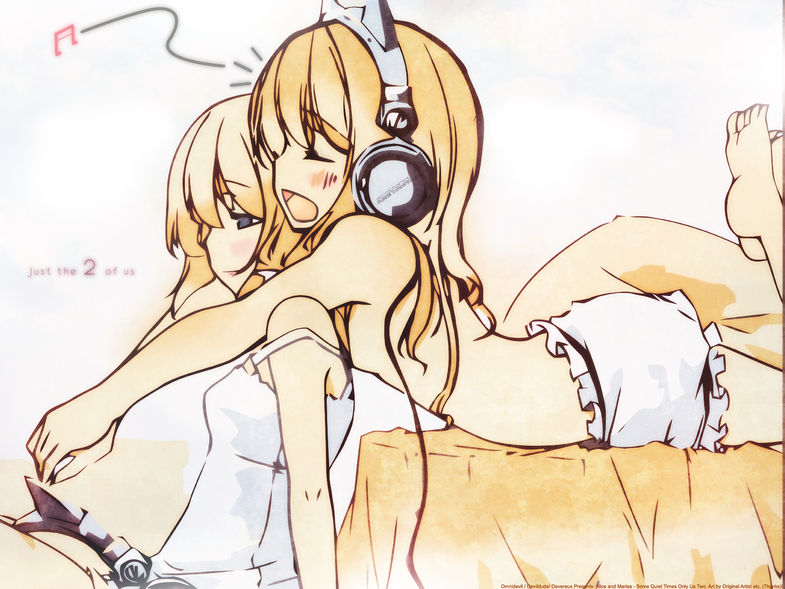 alice margatroid, kirisame marisa, touhou, highres, 2girls, blush, female focus, flat chest, headphones, long hair, multiple girls, panties, short hair, underwear, white background, yuri