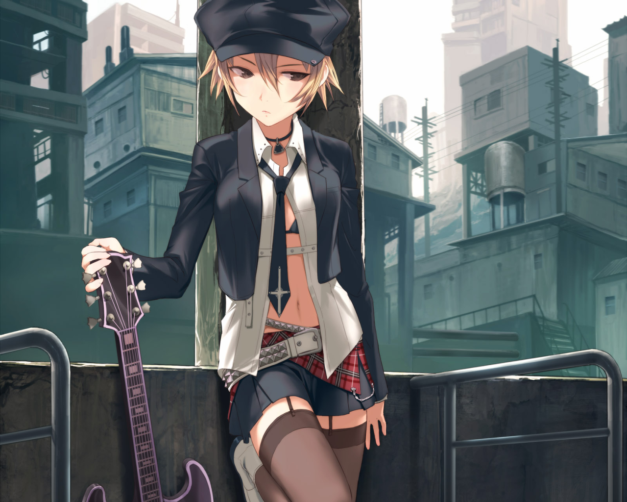 blush, bra, guitar, hat, instrument, lingerie, midriff, necktie, open clothes, open shirt, shirt, short hair, thighhighs, underwear