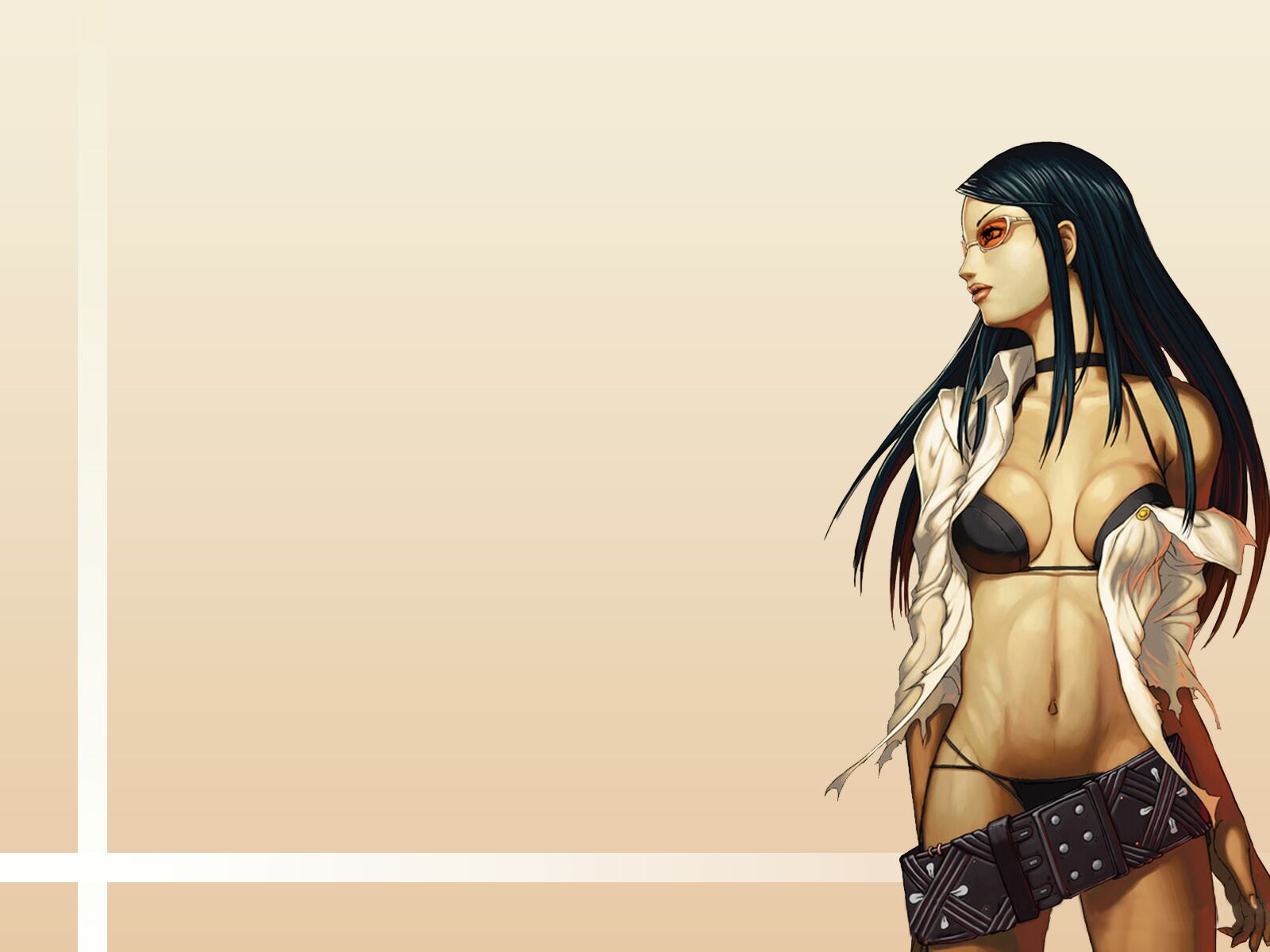 highres, belt, bra, glasses, lingerie, long hair, open clothes, open shirt, panties, shirt, underwear