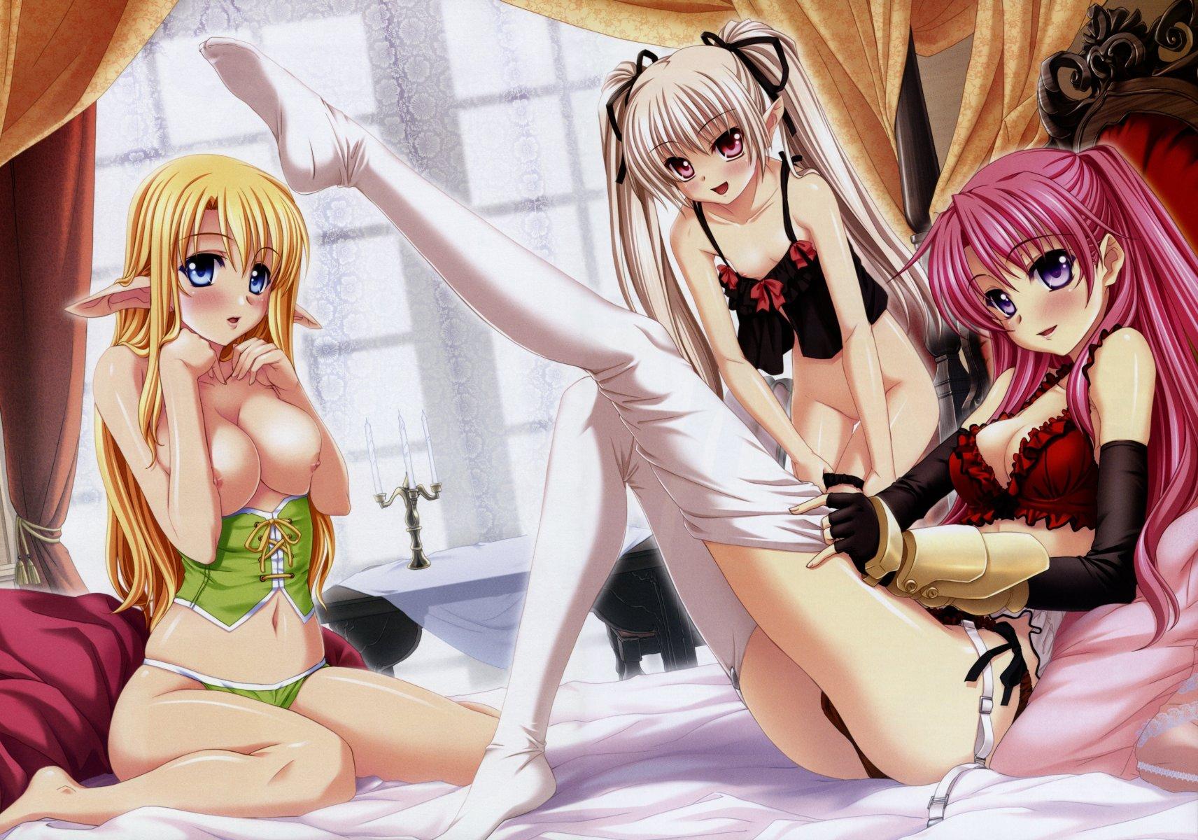 kannatsuki noboru, crin, faata, marie grenoble, maou to odore! ii, toe-point, white legwear, highres, 3girls, barefoot, bed, blonde hair, blush, bow, bra, breasts, cleavage, corset, elbow gloves, elf, feet, flat chest, garter straps, gloves, leg up, legs, lingerie, long hair, long legs, midriff, multiple girls, nipples, no panties, no shoes, panties, pink hair, pointy ears, soles, thighhighs, thighs, twintails, underwear, undressing, white hair