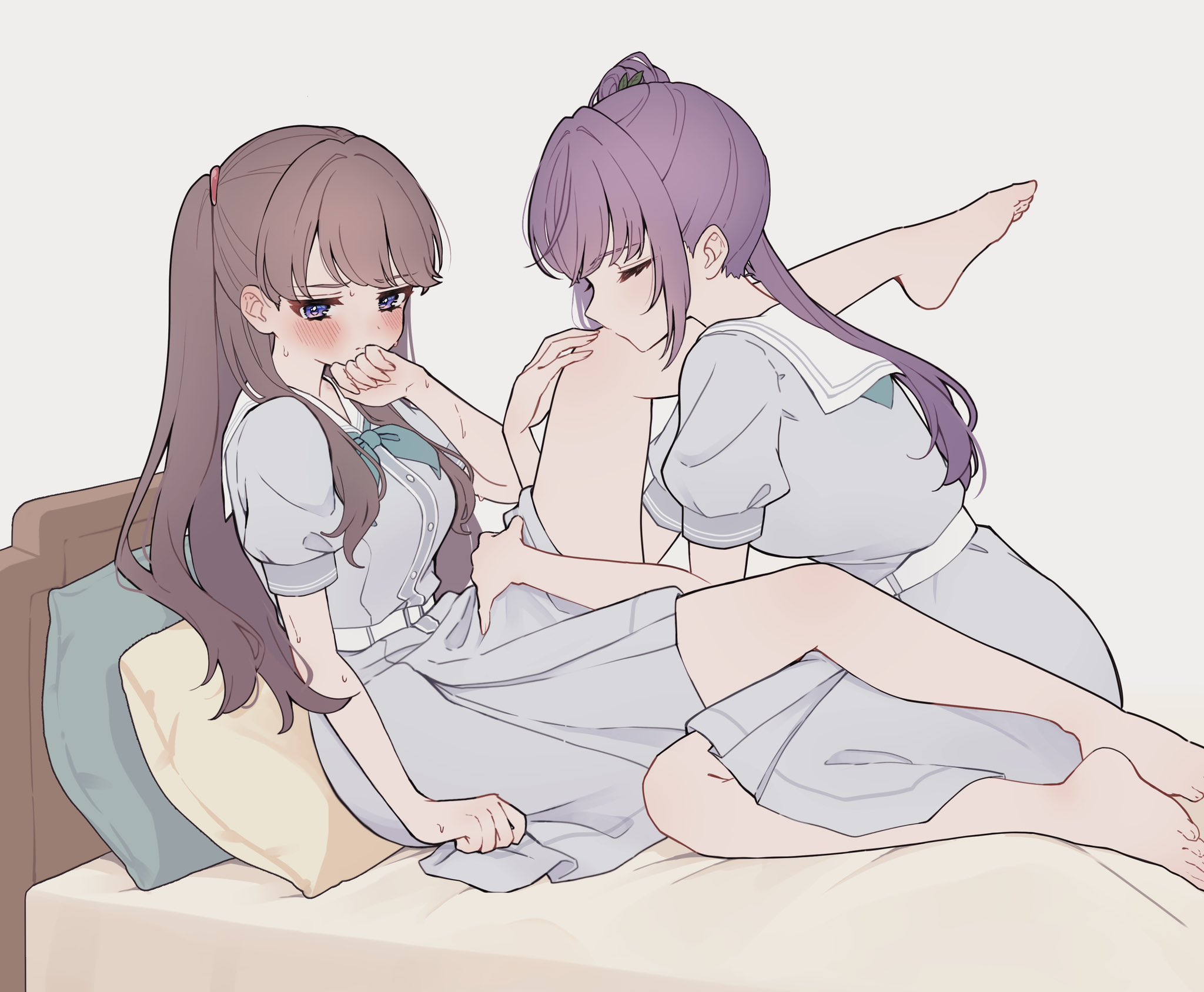 hiyori (20hiyori727), fujishima megumi, otomune kozue, link! like! love live!, love live!, commentary, highres, 2girls, bare legs, barefoot, breasts, brown hair, dress, grey background, grey dress, hair ornament, hasu no sora school uniform, kiss, kissing leg, large breasts, leg up, long hair, medium dress, multiple girls, on bed, pillow, pleated dress, purple eyes, purple hair, sailor collar, sailor dress, school uniform, side ponytail, sidelocks, sitting, summer uniform, sweat, toes, two side up, virtual youtuber, wariza, white sailor collar, yuri