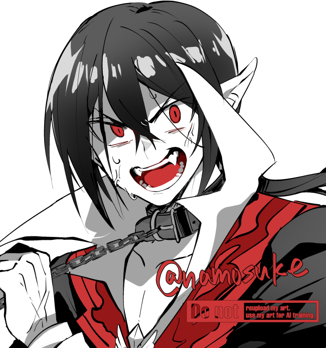 namosuke (oetwmkekmz), ragnarok online, commentary request, 1boy, anger vein, bags under eyes, black hair, black jacket, chain, chain leash, colored skin, despair god morroc, hair between eyes, jacket, leash, limited palette, long bangs, looking at viewer, male focus, open mouth, pointy ears, popped collar, red eyes, red vest, shirt, short hair, simple background, solo, teeth, vest, watermark, white background, white shirt, white skin