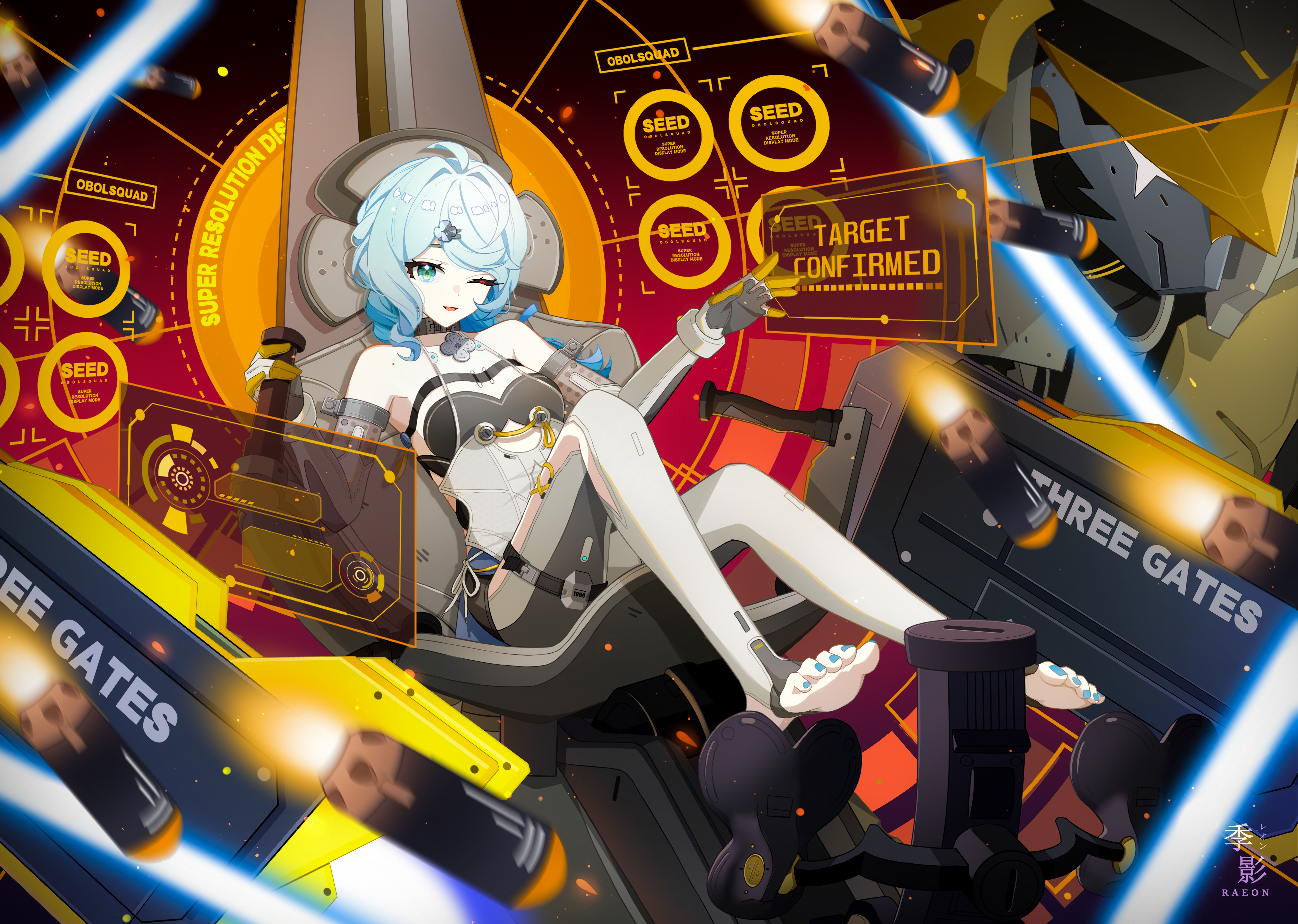 raxa9501, seed (zenless zone zero), zenless zone zero, absurdres, highres, 1girl, ahoge, aqua eyes, bare shoulders, blue hair, braid, breasts, elbow gloves, feet, gloves, hair ornament, long hair, looking at viewer, mole, smile, soles, solo, toeless legwear, toes, white background