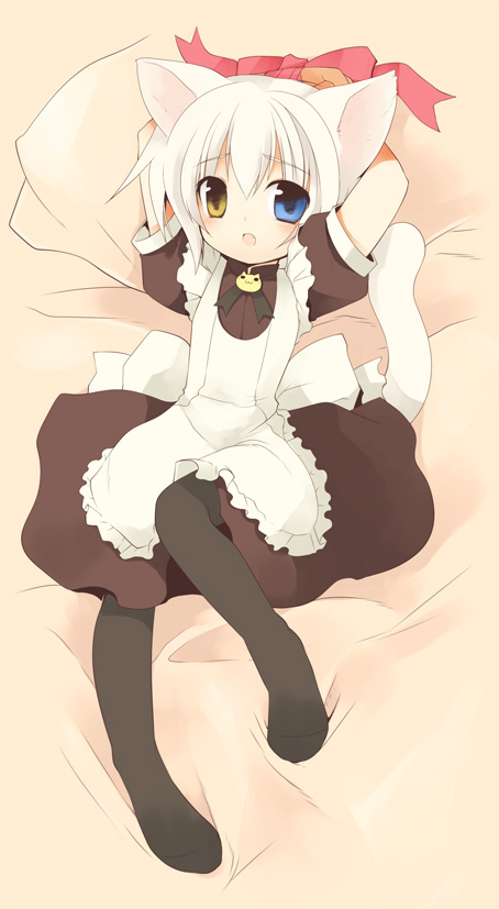 kamiyoshi rika, thoto, original, 1boy, animal ears, blush, cat boy, cat ears, cat tail, child, crossdressing, crossdressing (mtf), flat chest, heterochromia, maid, male focus, male maid, pantyhose, short hair, skirt, solo, tail, trap, white hair