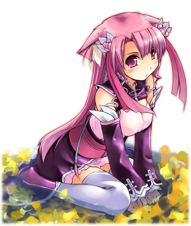 xiao qiao, animal ears, blush, cat ears, elbow gloves, flower, gloves, long hair, skirt, thighhighs