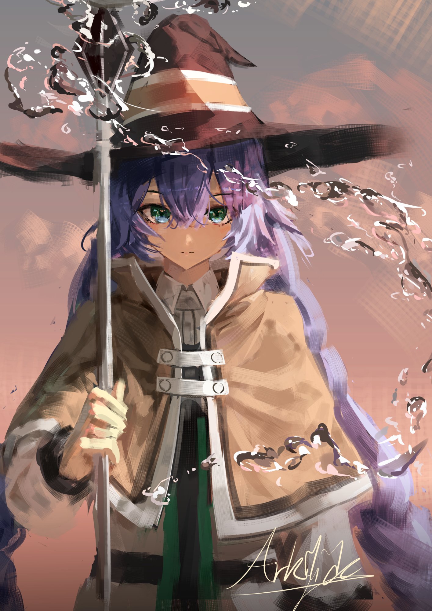 arkilide, roxy migurdia, mushoku tensei, commentary, english commentary, highres, 1girl, blue eyes, blue hair, braid, brown cloak, cloak, closed mouth, crossed bangs, hat, holding, holding staff, large hat, long hair, looking at viewer, mage staff, signature, solo, staff, twin braids, very long hair, witch hat