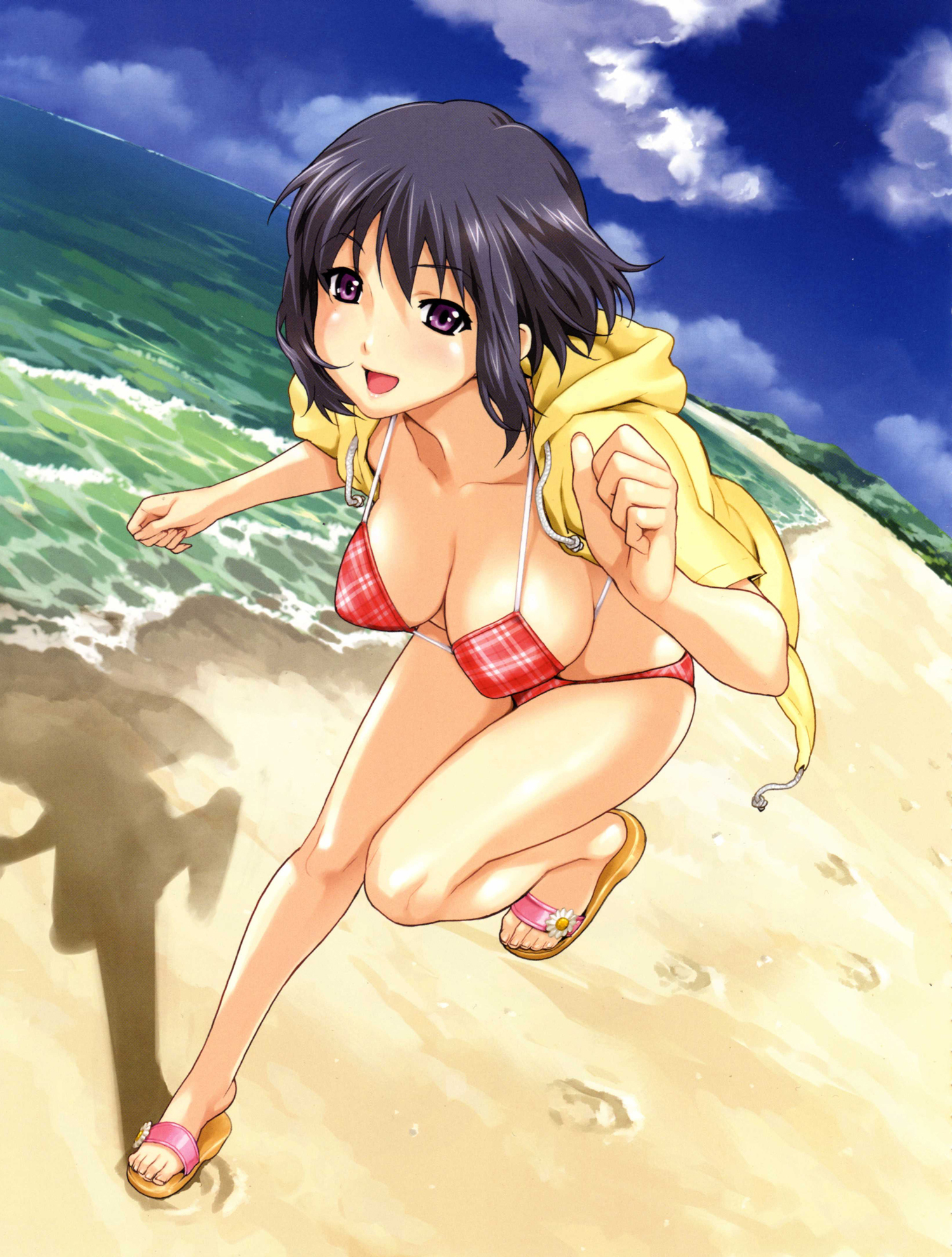 happoubi jin, sweet body, highres, 1girl, :d, beach, bikini, black hair, blush, breasts, cloud, collarbone, female focus, flower, horizon, open mouth, outdoors, purple eyes, running, sand, sandals, shadow, short hair, sky, smile, solo, swimsuit, water