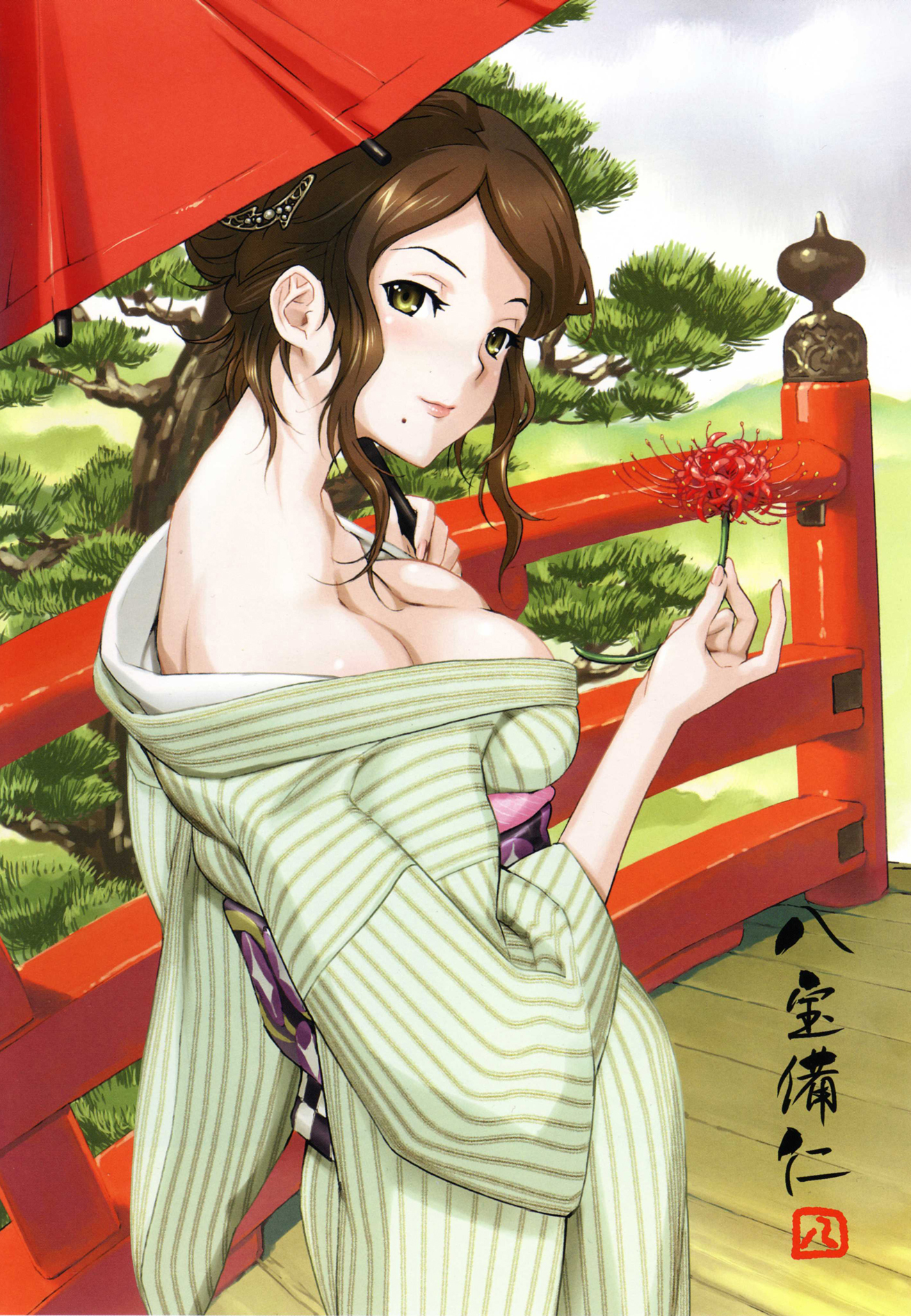 happoubi jin, sweet body, striped, highres, 1girl, blush, breasts, bridge, brown hair, cleavage, cloud, collarbone, female focus, fingernails, flower, grass, green eyes, hair ornament, japanese clothes, kimono, lips, long hair, mole, mountain, open clothes, outdoors, sky, solo, standing, tree, umbrella