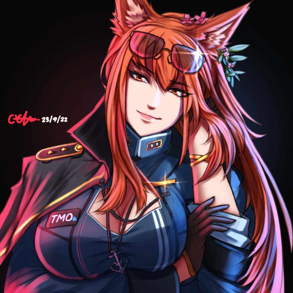 ryxsen1421, original, commission, 1girl, anchor, anchor necklace, animal ear fluff, animal ears, armband, blue jacket, breasts, cape, cleavage, cleavage cutout, clothing cutout, collared jacket, dated, eyelashes, flower, flower ornament, fox ears, fox girl, hair flower, hair ornament, jacket, jewelry, large breasts, long hair, looking at viewer, military uniform, nameplate, necklace, orange eyes, orange hair, portrait, signature, simple background, sleeves rolled up, smile, solo, starsector