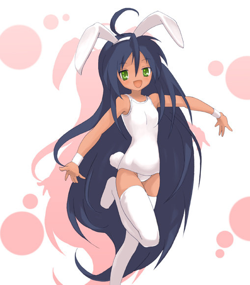sora to umi, izumi konata, lucky star, 00s, 1girl, :3, ahoge, alternate skin color, animal ears, blue hair, boots, dark-skinned female, dark skin, female focus, flat chest, green eyes, long hair, one-piece swimsuit, petite, playboy bunny swimsuit, rabbit ears, rabbit girl, rabbit tail, school swimsuit, smile, solo, swimsuit, tail, tan, thigh boots, thighhighs, white one-piece swimsuit, white school swimsuit