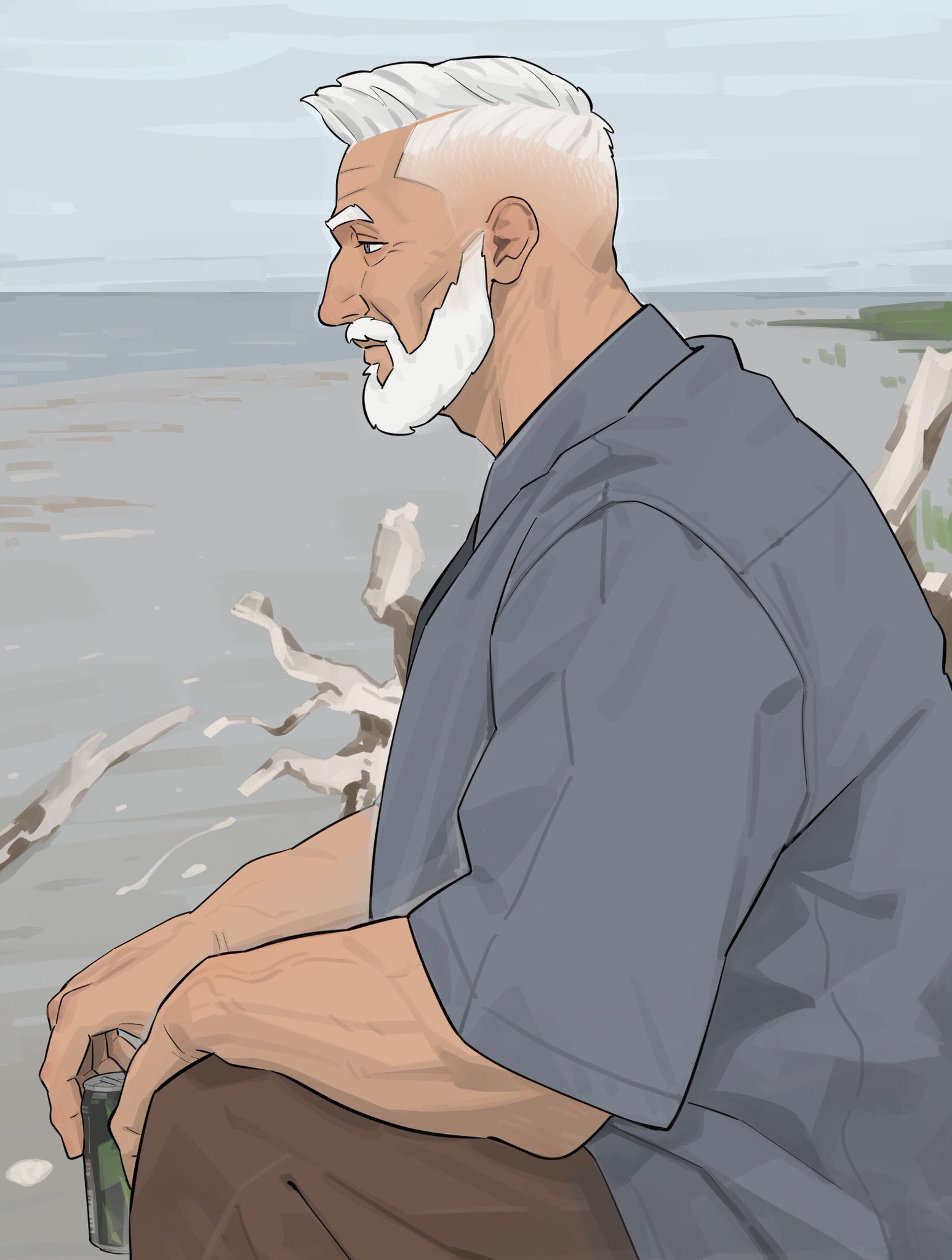 sa1k0p, original, commentary, highres, symbol-only commentary, 1boy, blue shirt, brown pants, can, closed mouth, facial hair, from side, holding, holding can, male focus, mature male, old, old man, outdoors, pants, profile, shirt, short sleeves, sitting, sky, veins, veiny arms, water, white hair