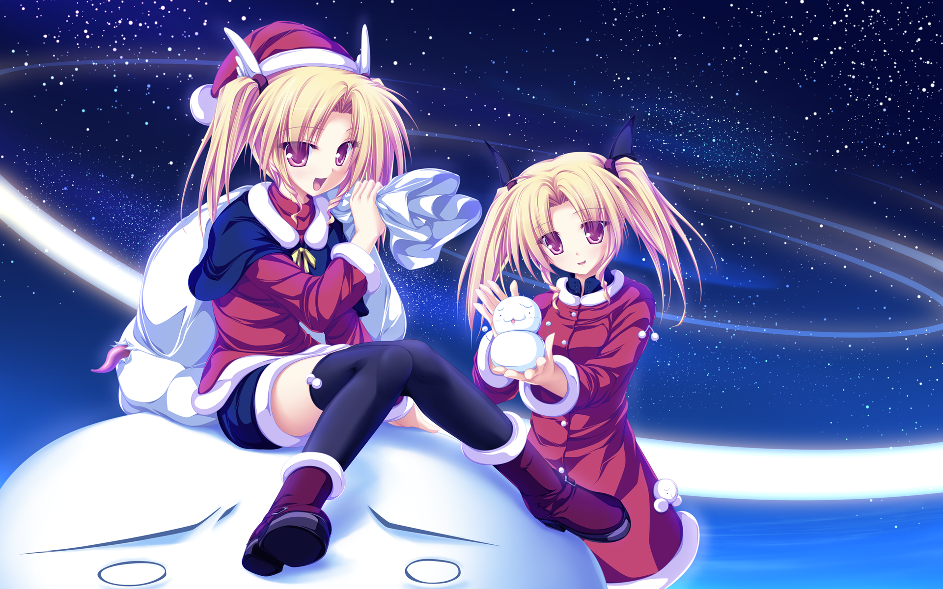 tenmaso, nina geminis, rena geminis, magus tale, highres, 2girls, blonde hair, blush, boots, capelet, christmas, hat, multiple girls, pink eyes, sack, santa costume, santa hat, short hair, siblings, sisters, sitting, skirt, sky, snowman, star (sky), starry sky, thighhighs, twins, twintails