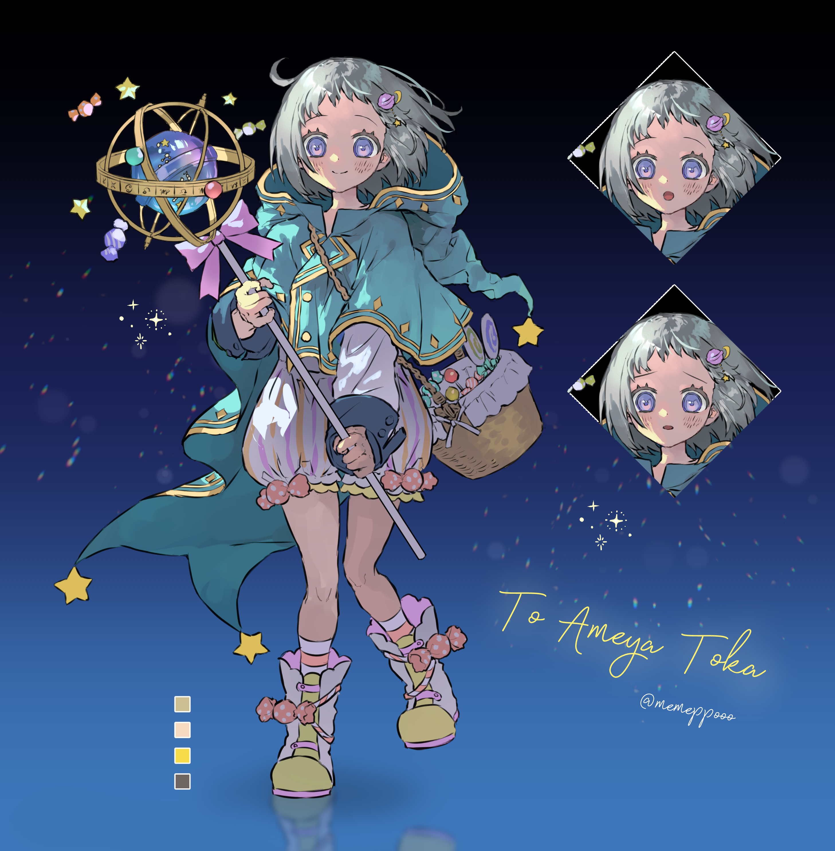 memeppo, original, absurdres, commentary request, commission, highres, skeb commission, 1girl, :o, ahoge, ankle boots, artist name, basket, bloomers, blue background, blue eyes, boots, candy, candy hair ornament, cloak, color guide, commissioner name, food, food-themed hair ornament, gradient background, green cloak, green hair, green hoodie, hair ornament, holding, holding wand, hood, hooded cloak, hoodie, lollipop, looking at viewer, open mouth, parted lips, reference sheet, reflection, shirt, short hair, star (symbol), underwear, wand, white boots, white shirt