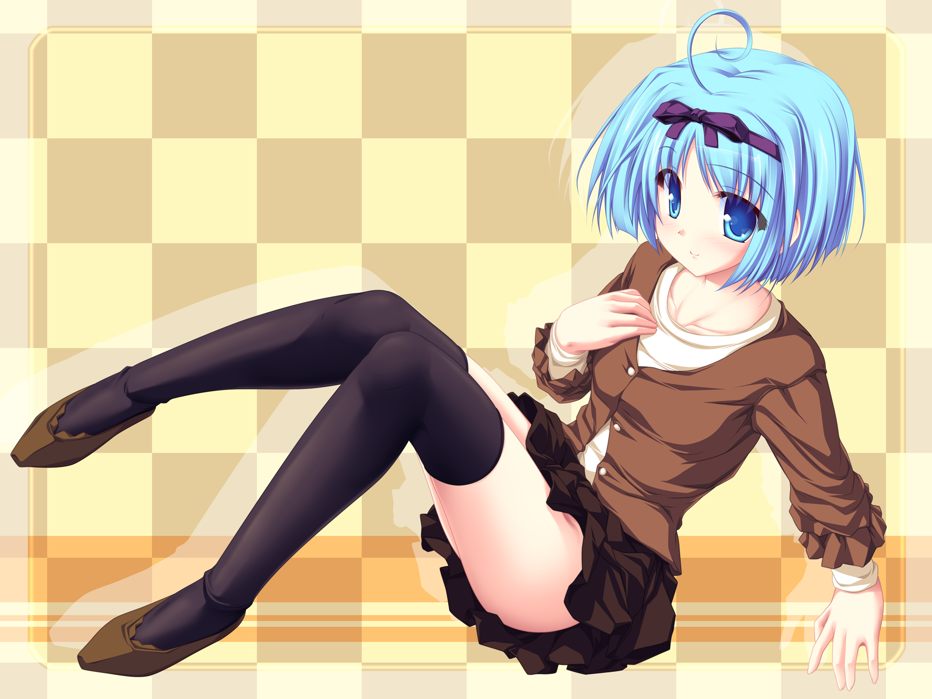 tenmaso, kujou yuuka, magus tale, highres, 1girl, ahoge, blue eyes, blue hair, blush, female focus, matching hair/eyes, short hair, skirt, solo, thighhighs