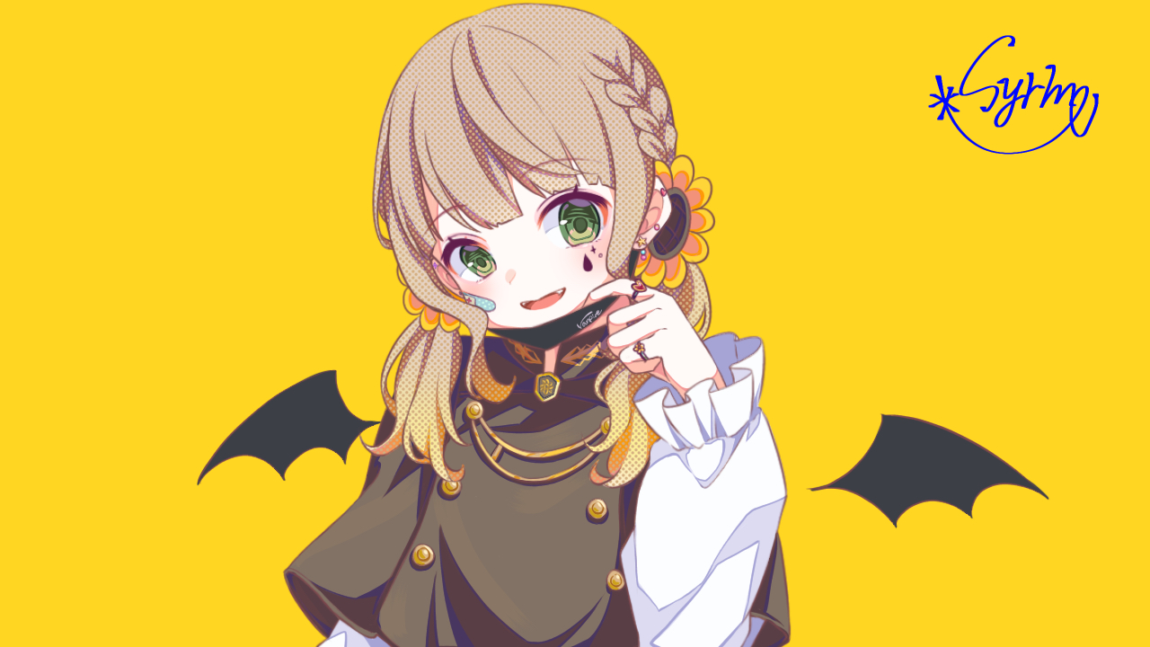 yunagi (arukumaruta), indie virtual youtuber, heart ring, character request, check copyright, commentary request, commission, copyright request, 1girl, bandaid, bandaid on cheek, bandaid on face, bat wings, black jacket, black mask, braid, brown hair, buttons, colored tips, detached wings, double-breasted, ear piercing, earrings, flower, frilled sleeves, frills, green eyes, hair flower, hair ornament, hand up, jacket, jewelry, long sleeves, looking at viewer, mark under eye, mask, mask pull, medium hair, mouth mask, multicolored hair, multiple rings, open mouth, piercing, ring, signature, simple background, smile, solo, sunflower, sunflower hair ornament, teardrop facial mark, upper body, virtual youtuber, wings, yellow background, yellow flower