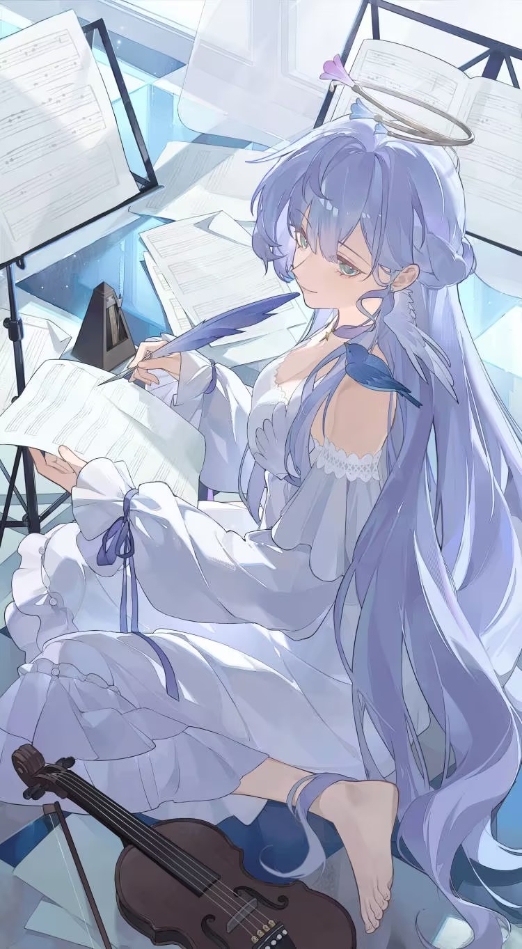 ye xing caomei, robin (honkai: star rail), honkai: star rail, honkai (series), highres, second-party source, 1girl, alternate costume, animal, animal on shoulder, aqua eyes, bare shoulders, barefoot, bird, bird on shoulder, bow (music), closed mouth, detached sleeves, dress, hair between eyes, halo, holding, holding quill, indoors, instrument, long hair, long sleeves, looking at animal, metronome, purple hair, quill, sheet music, sitting, smile, solo, very long hair, violin, wariza, white dress, writing