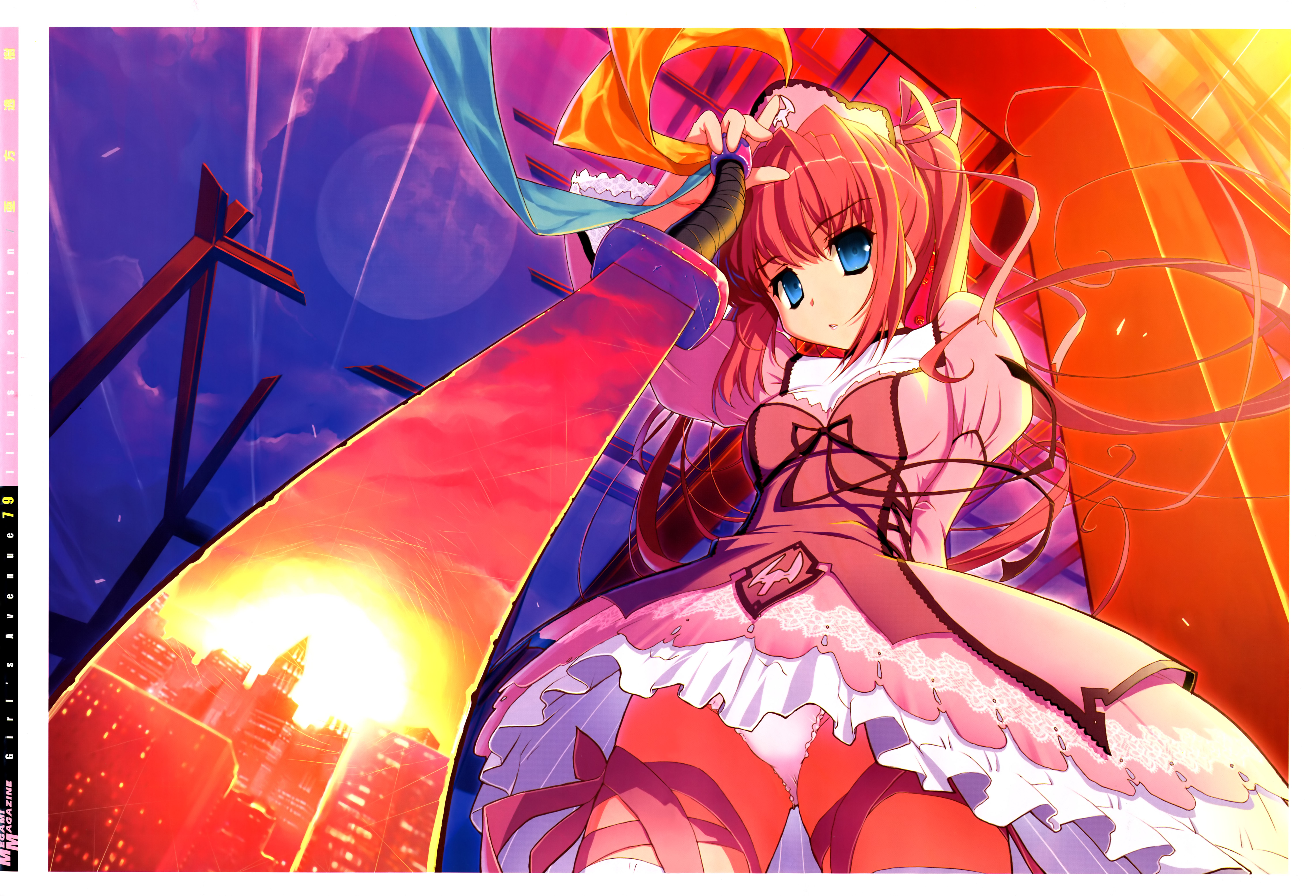 absurdres, highres, long hair, panties, ribbon, skirt, sword, thighhighs, underwear, weapon