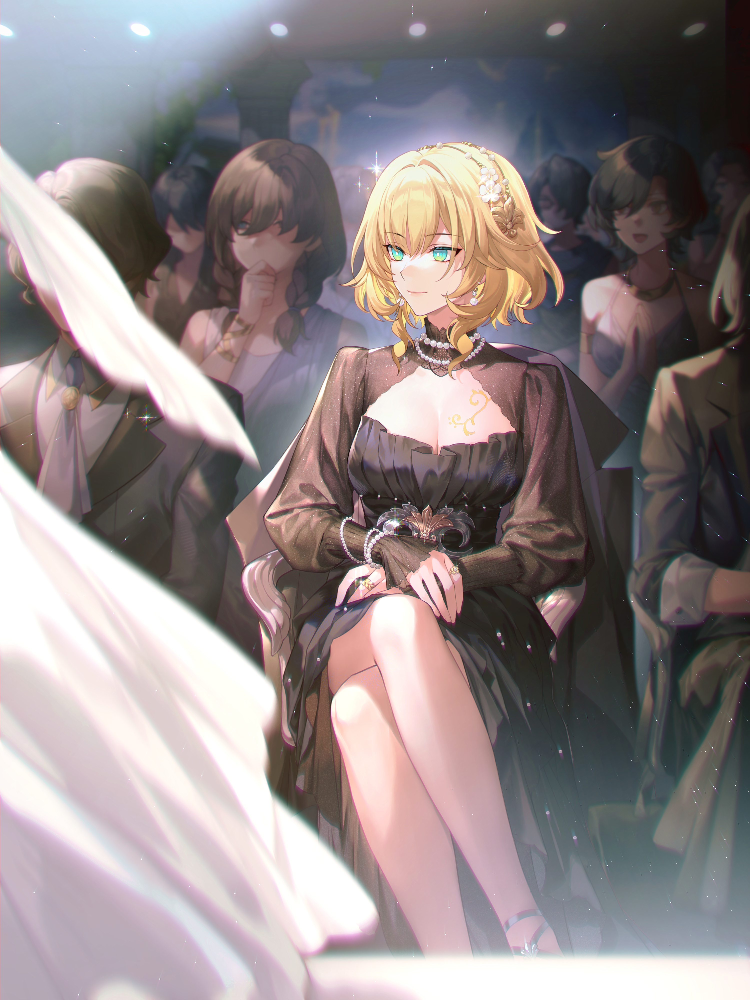 kangetsu (fhalei), aglaea (honkai: star rail), honkai: star rail, honkai (series), absurdres, highres, official art, second-party source, 3boys, 3girls, alternate costume, black dress, blonde hair, bracelet, breasts, cleavage, crossed legs, dress, earrings, green eyes, jewelry, large breasts, multiple boys, multiple girls, necklace, pearl bracelet, pearl necklace, ring, short hair, sitting