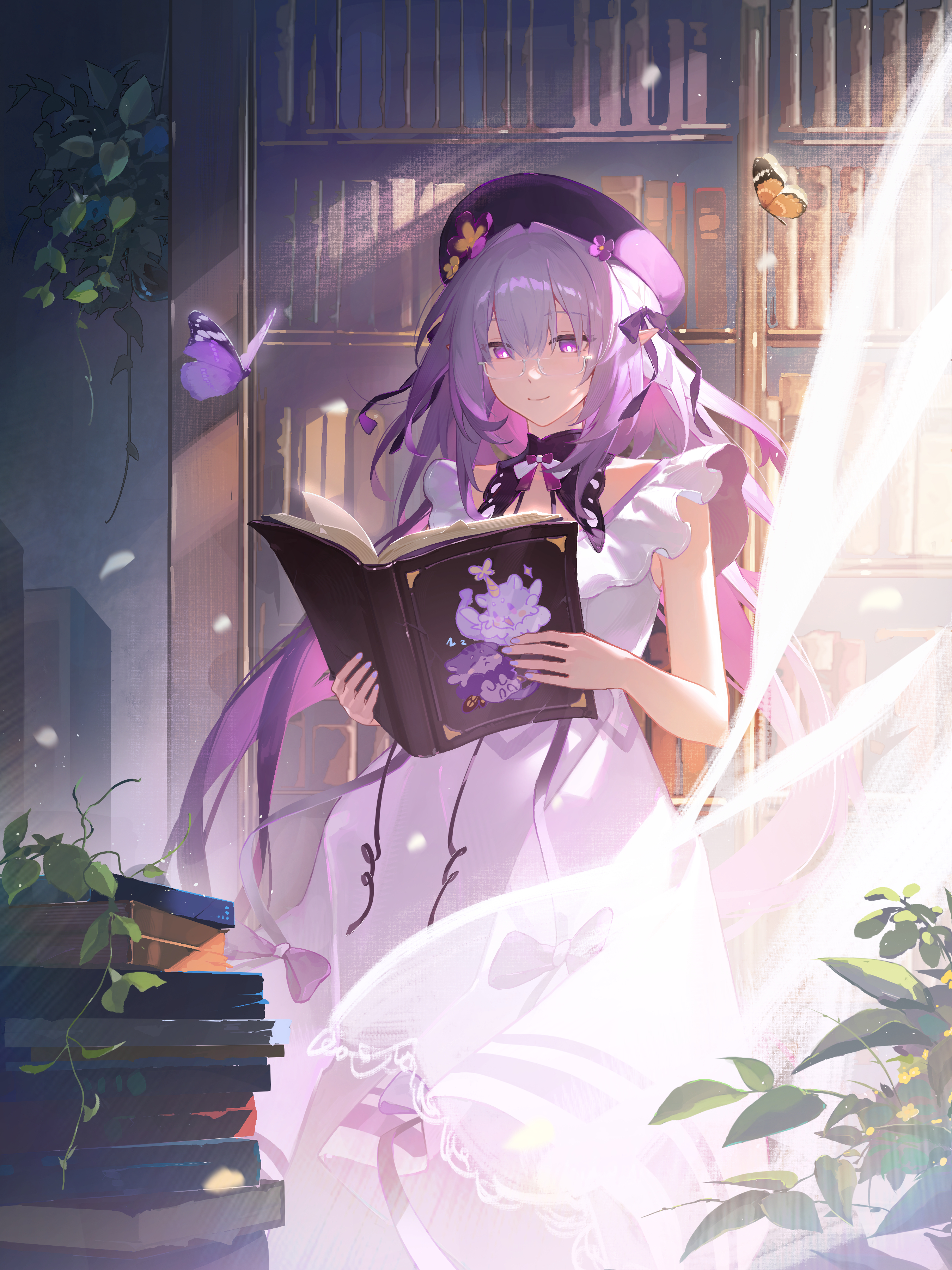 kanoko lu, castorice (honkai: star rail), honkai: star rail, honkai (series), absurdres, highres, official art, second-party source, 1girl, alternate costume, beret, book, bookshelf, bright pupils, bug, butterfly, closed mouth, curtains, dress, floating hair, hat, holding, holding book, insect, long hair, pointy ears, purple butterfly, purple eyes, purple hair, purple ribbon, ribbon, smile, standing, white dress, white pupils
