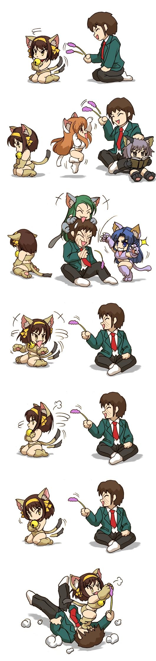 hisahiko, asahina mikuru, asakura ryoko, kyon, nagato yuki, suzumiya haruhi, tsuruya, suzumiya haruhi no yuuutsu, highres, long image, tall image, 00s, 5girls, animal ears, cat ears, cat teaser, chibi, comic, multiple girls, silent comic, tsundere