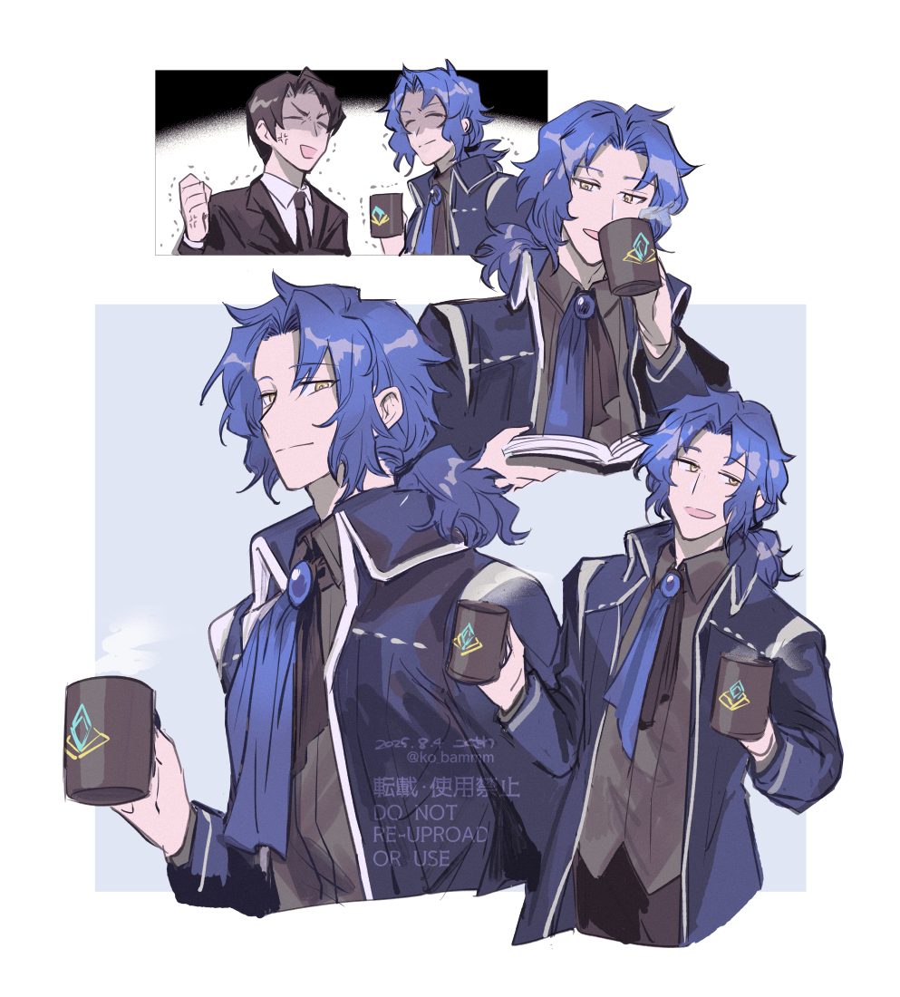 ko bammm, chesed (project moon), roland (project moon), library of ruina, project moon, 2boys, ascot, black hair, black jacket, blue ascot, blue brooch, blue coat, blue hair, coat, collared shirt, cup, grey shirt, holding, holding cup, jacket, long hair, long sleeves, looking at viewer, low ponytail, male focus, mug, multiple boys, multiple views, parted bangs, ponytail, shirt, simple background, solo focus, upper body, white background, white shirt, yellow eyes