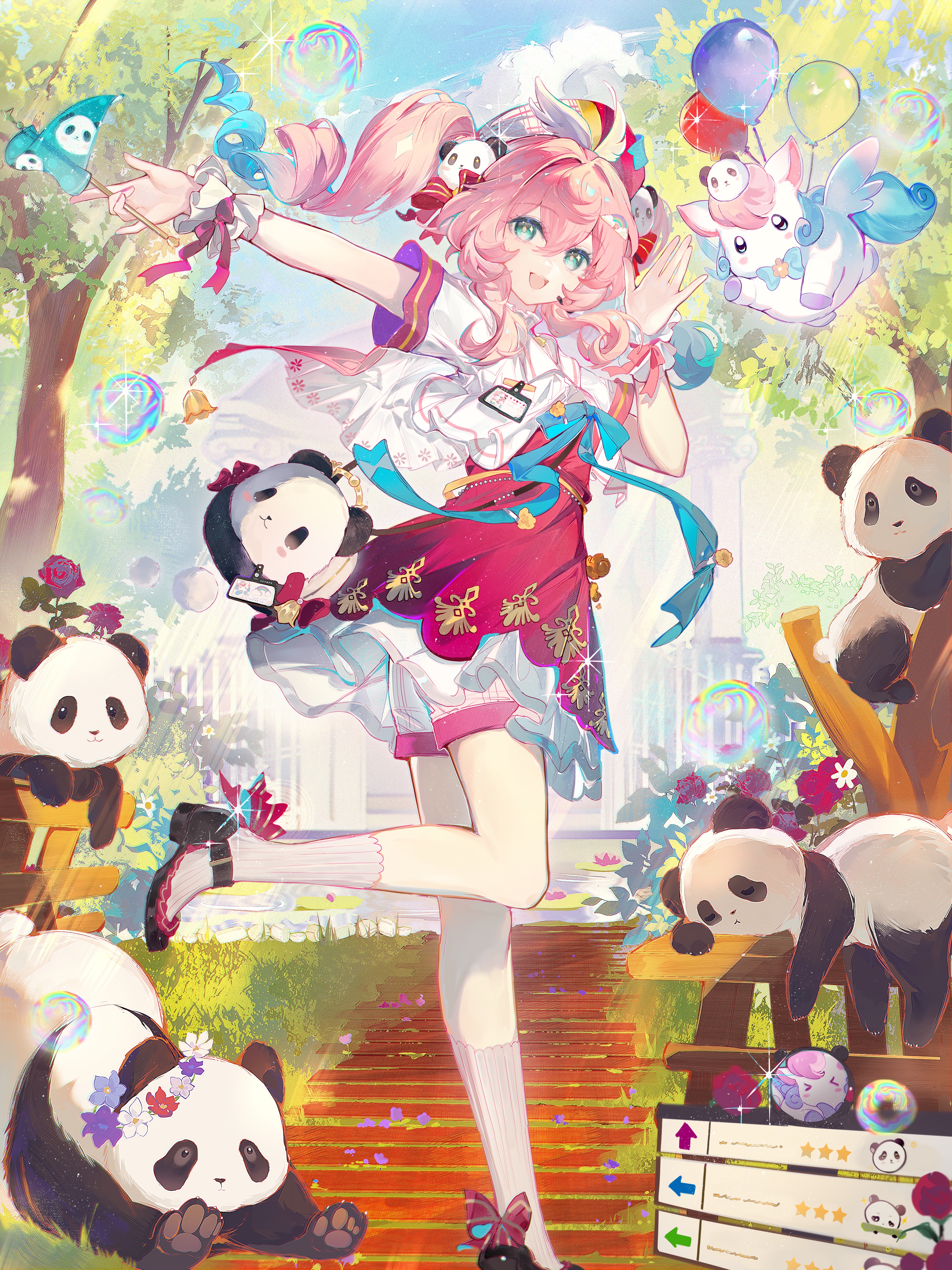 qianqianjie, hyacine (honkai: star rail), little ica (honkai: star rail), honkai: star rail, honkai (series), absurdres, highres, official art, second-party source, 1girl, alternate costume, aqua hair, black shoes, dress, drill hair, full body, gradient hair, hair between eyes, high heels, holding, looking at viewer, multicolored hair, open mouth, outdoors, panda, pink dress, pink hair, scrunchie, shirt, shoes, short sleeves, smile, socks, solo, stairs, standing, standing on one leg, twin drills, twintails, white scrunchie, white shirt, white socks, wrist scrunchie
