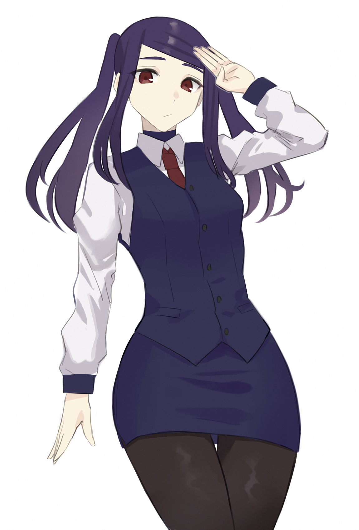 asakiri koko, jill stingray, va-11 hall-a, commentary request, highres, 1girl, black pantyhose, blue skirt, blue vest, collared shirt, cowboy shot, long hair, long sleeves, looking at viewer, necktie, pantyhose, pencil skirt, purple hair, red eyes, red necktie, salute, shirt, sidelocks, simple background, skirt, solo, standing, swept bangs, twintails, vest, white background, white shirt