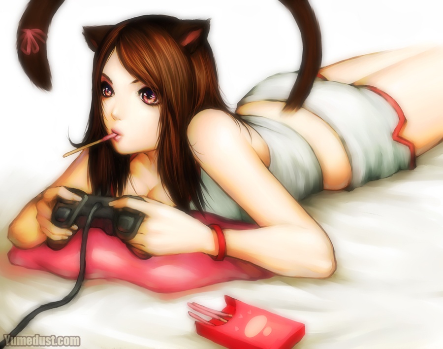 katie de sousa, original, 1girl, animal ears, brown hair, cat ears, cat tail, female focus, food, playing games, pocky, product placement, red eyes, ribbon, short hair, signature, solo, tail, tail ornament, tail ribbon, video game