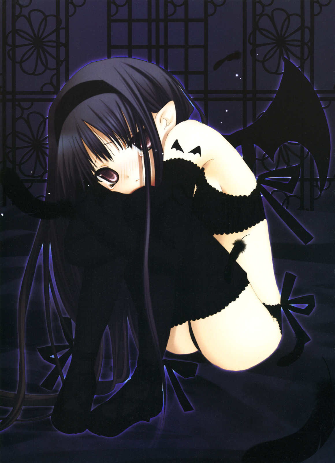 highres, bra, elbow gloves, elf, gloves, goth fashion, lingerie, long hair, panties, pointy ears, tears, thighhighs, underwear, wings