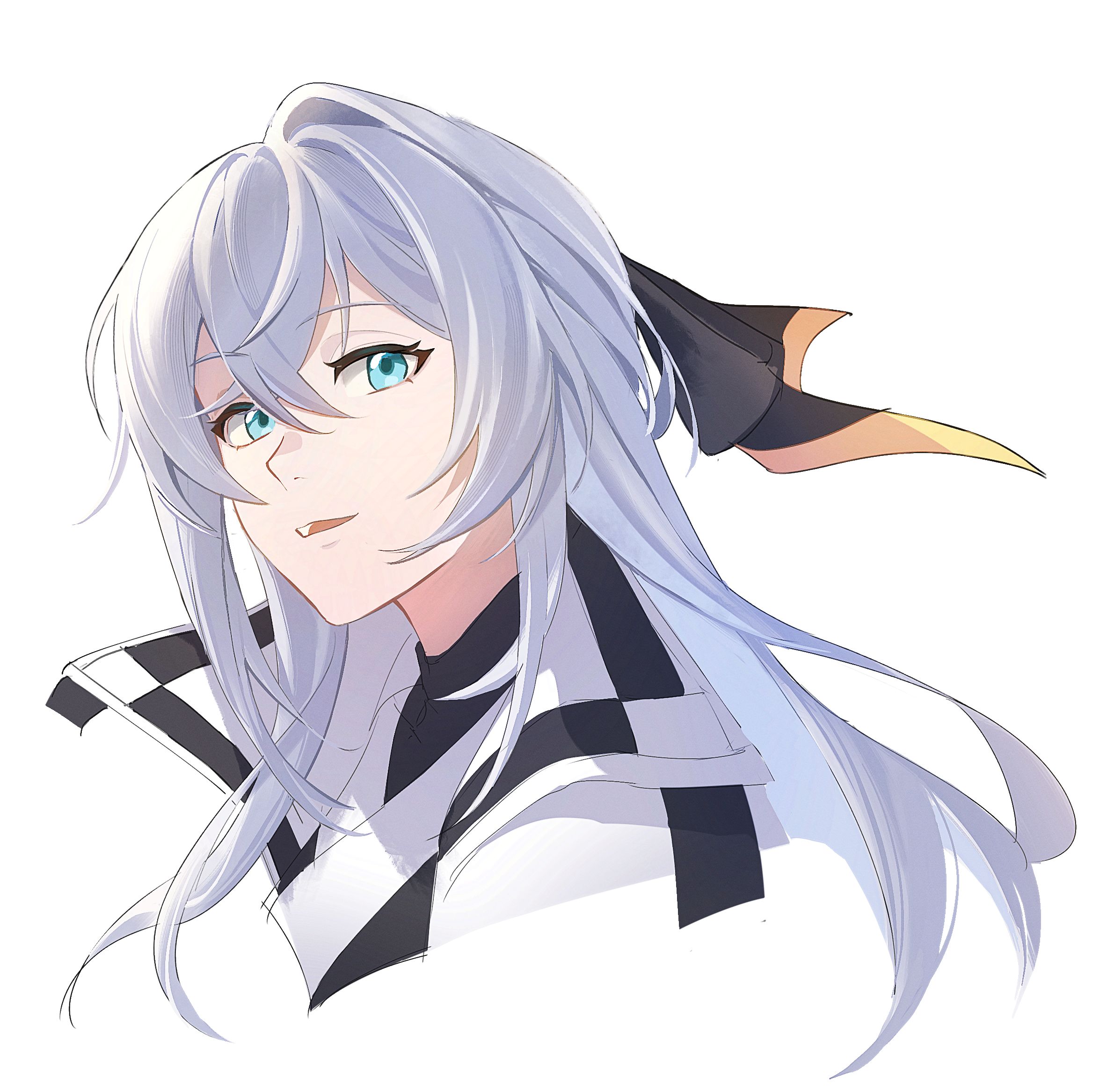 yakiniku9, shizuna rem misurugi, eiyuu densetsu, kuro no kiseki (series), kuro no kiseki i, commentary, english commentary, highres, 1girl, blue eyes, crossed bangs, double-parted bangs, floating hair, hair between eyes, half updo, long hair, looking at viewer, open mouth, portrait, sidelocks, simple background, smile, solo, white background, white hair, wing collar