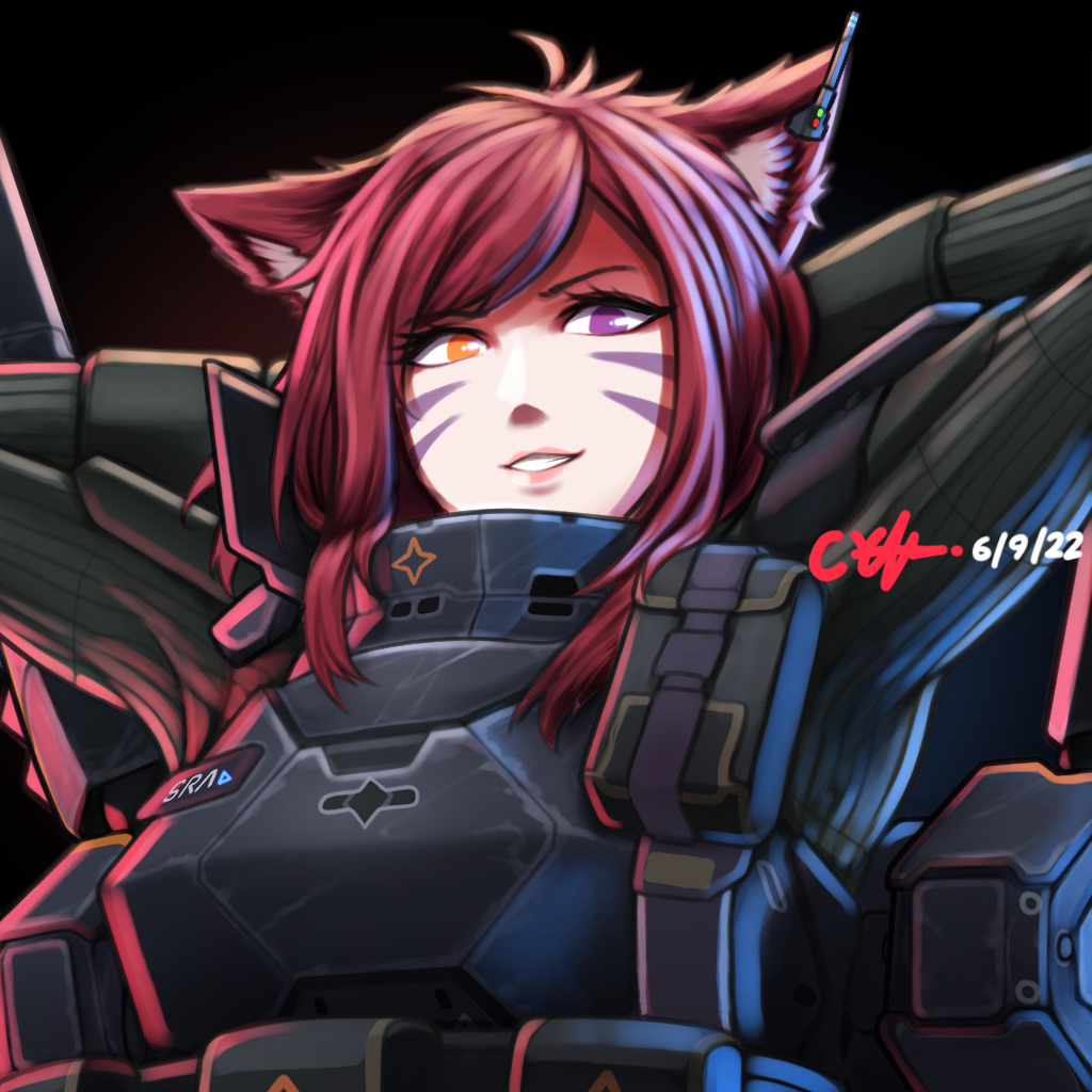 ryxsen1421, original, commission, 1girl, ammunition pouch, animal ear fluff, animal ears, armor, armpits, arms behind head, arms up, cat girl, dated, eyelashes, heterochromia, jacket, looking at viewer, military jacket, nameplate, no pupils, orange eyes, portrait, pouch, purple eyes, red hair, shoulder pouch, signature, simple background, smile, solo, star (symbol), starsector, tactical clothes, teeth