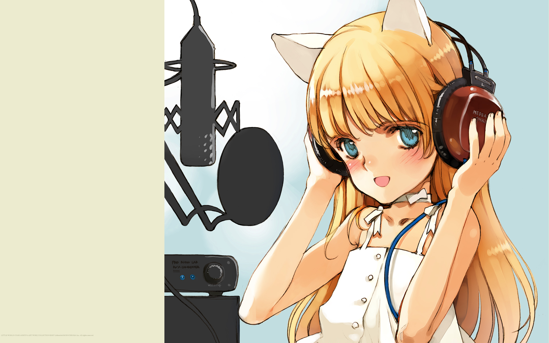 ooyari ashito, copyright request, highres, animal ears, blush, cat ears, flat chest, headphones, long hair