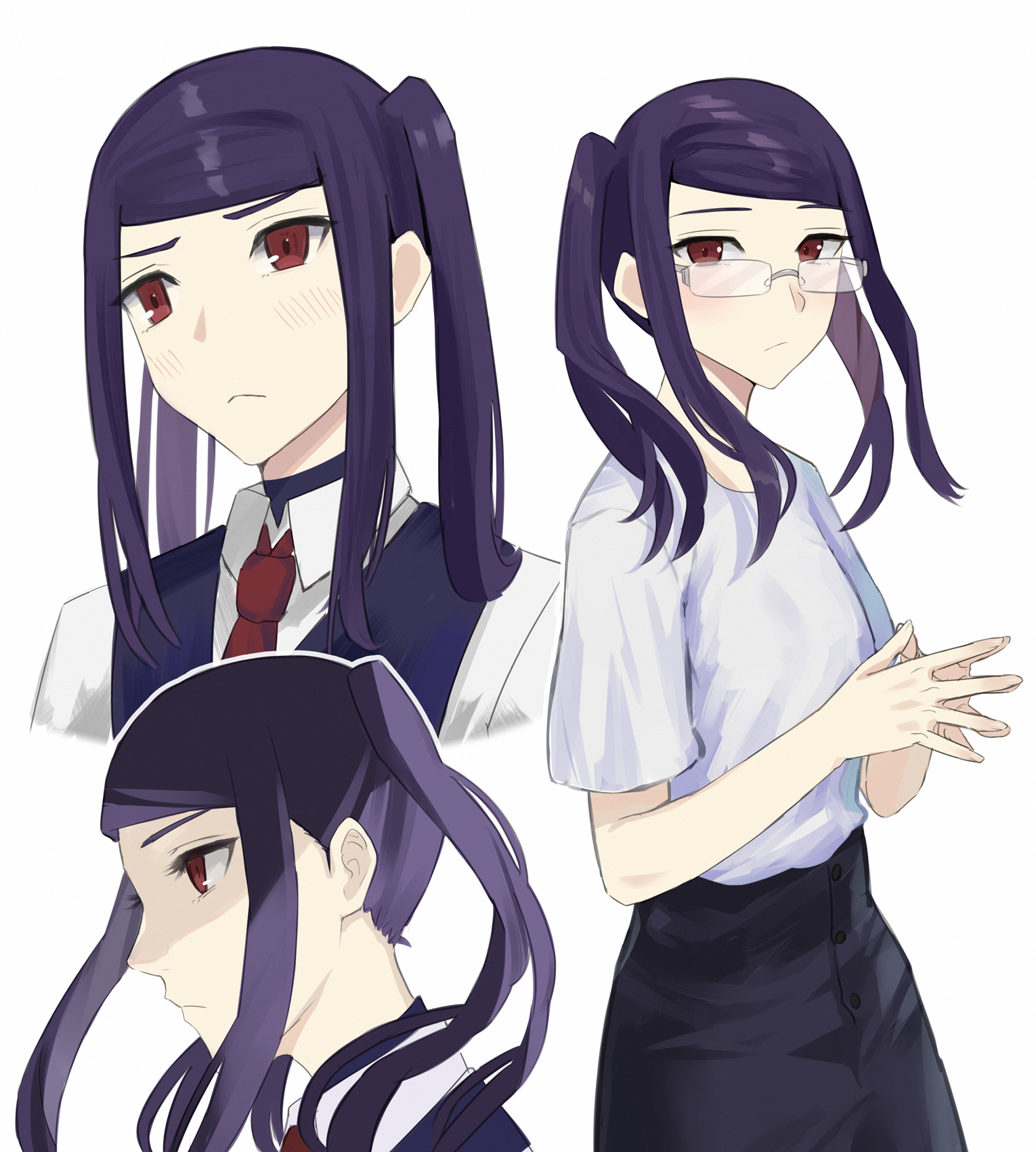 asakiri koko, jill stingray, va-11 hall-a, commentary request, highres, 1girl, alternate costume, black skirt, blue vest, blush, collared shirt, cowboy shot, cropped torso, from side, glasses, long hair, looking at viewer, multiple views, necktie, pout, purple hair, red eyes, red necktie, shirt, sidelocks, simple background, skirt, swept bangs, t-shirt, twintails, upper body, vest, white background, white shirt