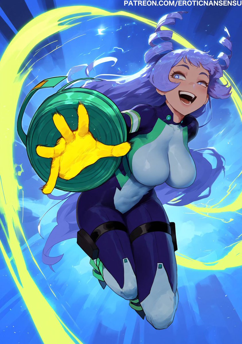 erotic nansensu, hado nejire, boku no hero academia, highres, blue bodysuit, blue eyes, blue hair, bodysuit, drill hair, flying, gloves, hair horns, long hair, multicolored bodysuit, open mouth, smile, superhero costume, yellow gloves