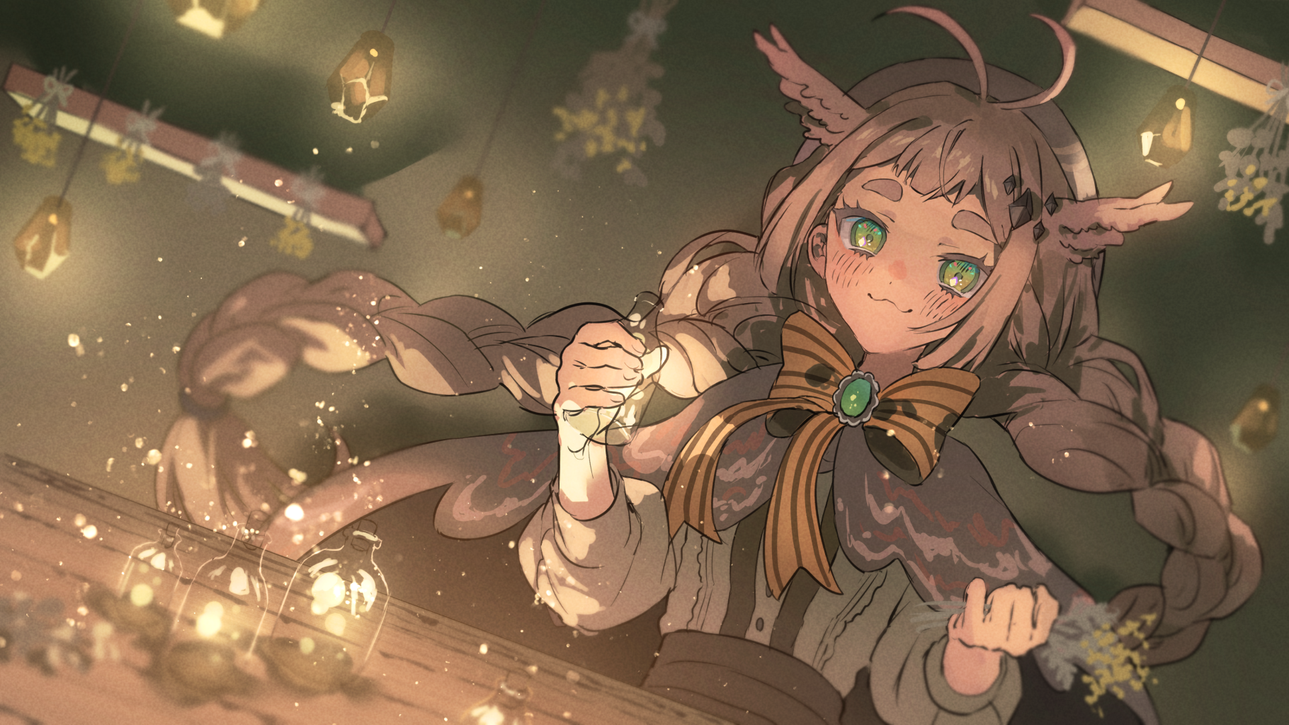 memeppo, indie virtual youtuber, commentary request, commission, highres, skeb commission, 1girl, :3, antenna hair, blush, bow, bowtie, braid, breasts, brooch, brown cloak, brown hair, cloak, green eyes, head wings, indoors, jewelry, long hair, looking at viewer, shelf, shirt, solo, striped bow, striped bowtie, striped clothes, suspenders, table, thick eyebrows, twin braids, very long hair, virtual youtuber, white shirt, wings, winrie (vtuber), yellow bow, yellow bowtie