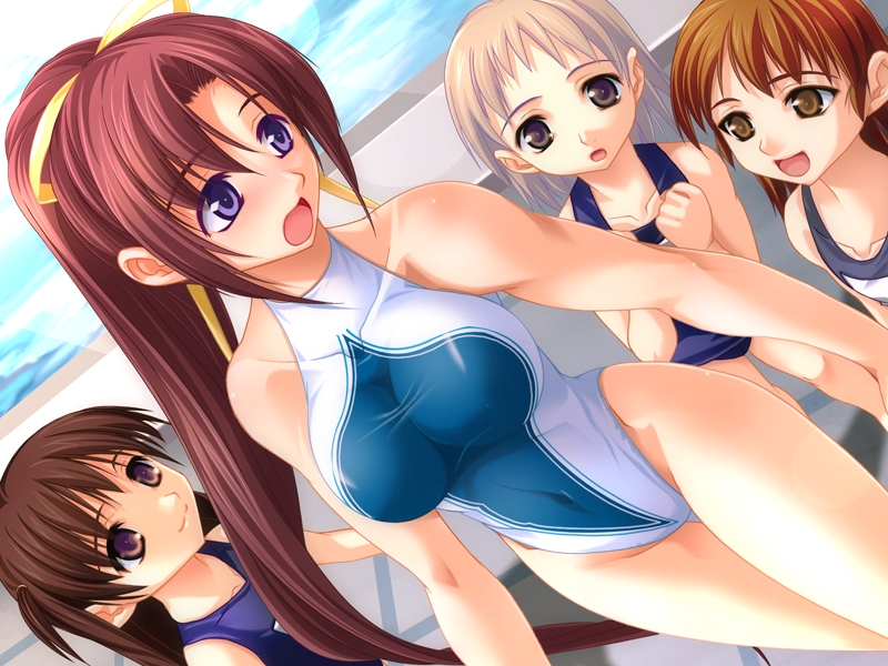 shinonome kazuhiko, kirishima mizuki, aneimo, game cg, jpeg artifacts, 00s, 4girls, black hair, breast awe, breasts, brown eyes, brown hair, child, dutch angle, everyone, hair ribbon, long hair, multiple girls, one-piece swimsuit, ponytail, pool, poolside, purple eyes, red hair, ribbon, school swimsuit, short hair, swimsuit, very long hair, water