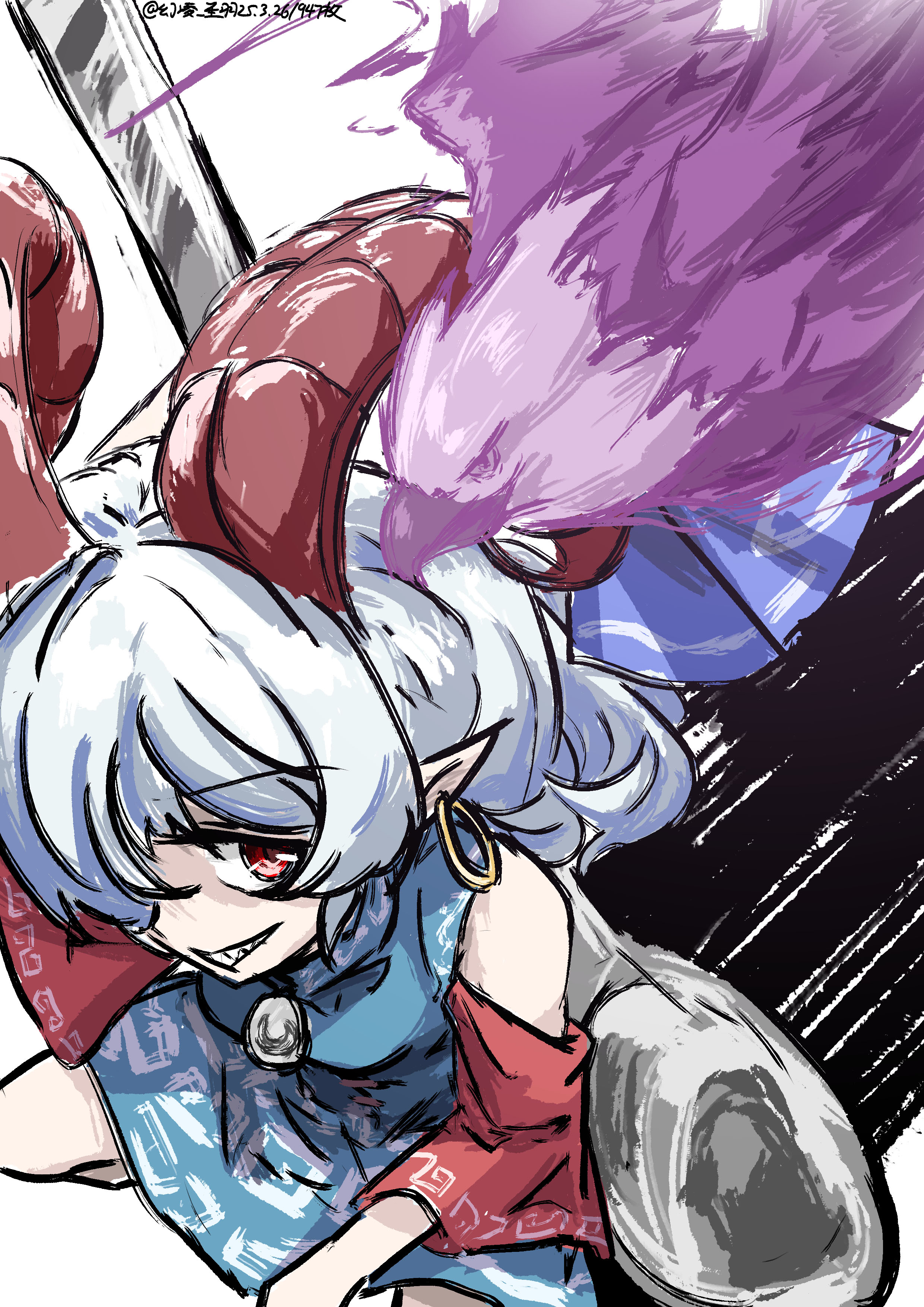 ve1024, eagle spirit (touhou), toutetsu yuuma, touhou, absurdres, commentary request, highres, 1girl, beak, bird, brooch, dated, detached sleeves, eagle, earrings, flying, from above, from side, grey hair, grin, hair over one eye, holding, holding spoon, hoop earrings, horns, jewelry, one-hour drawing challenge, oversized spoon, red eyes, sharp teeth, sheep horns, smile, solo, spoon, squatting, teeth, utensil