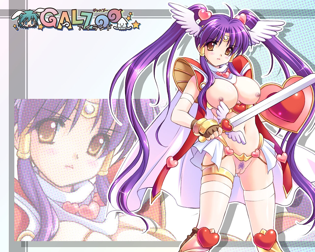 armor, blush, breasts, cape, elbow gloves, gloves, long hair, no panties, sword, thighhighs, twintails, weapon, wings