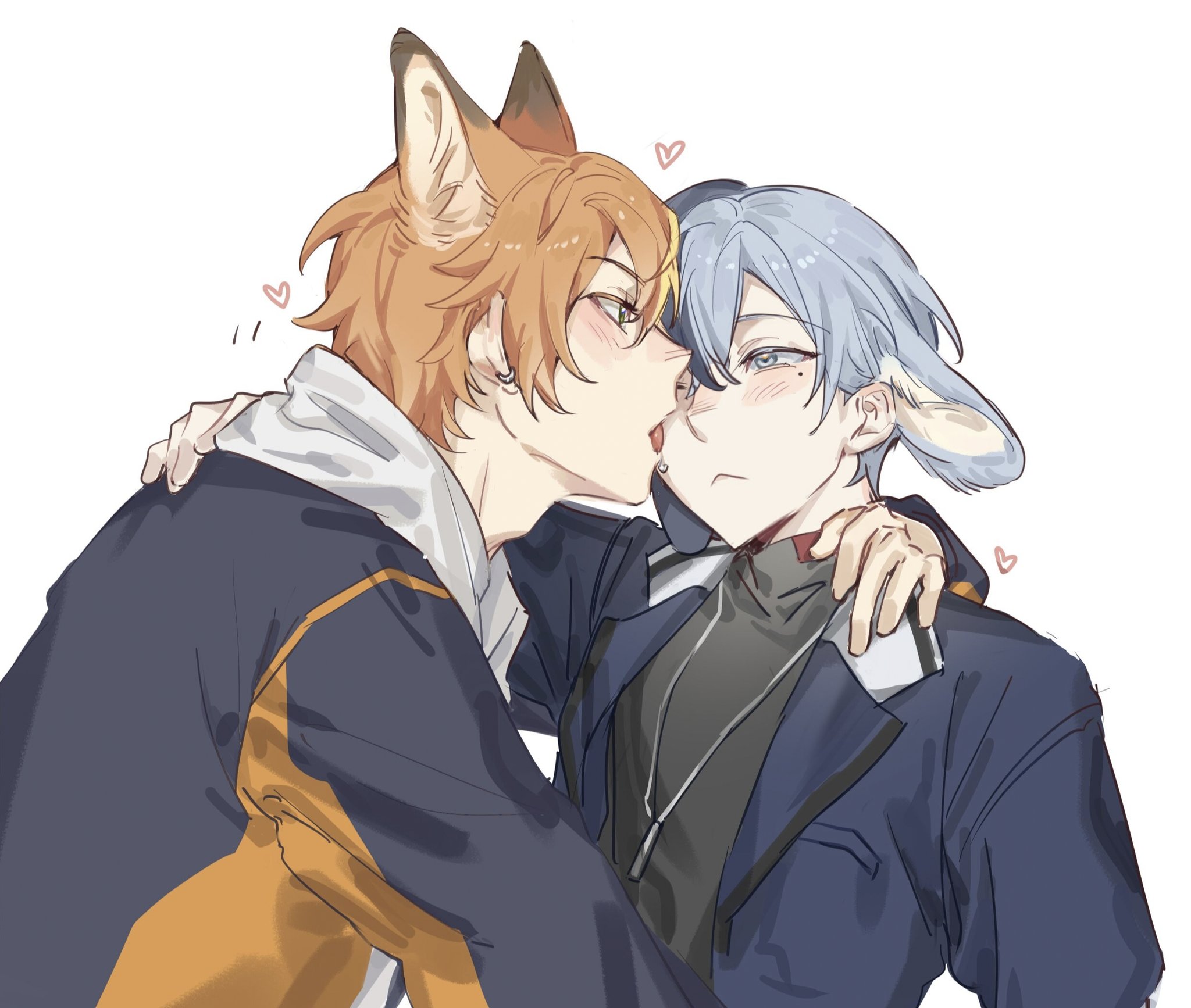 asleep 404, aoyagi touya, shinonome akito, project sekai, bad id, bad twitter id, highres, 2boys, animal ears, blonde hair, blue eyes, blue hair, blush, closed mouth, extra ears, fox ears, green eyes, hand on another's shoulder, heart, jewelry, lapels, licking, long sleeves, looking at another, male focus, mole, mole under eye, multiple boys, necklace, notched lapels, open mouth, orange hair, rabbit ears, short hair, simple background, turtleneck, two side up, upper body, white background, yaoi