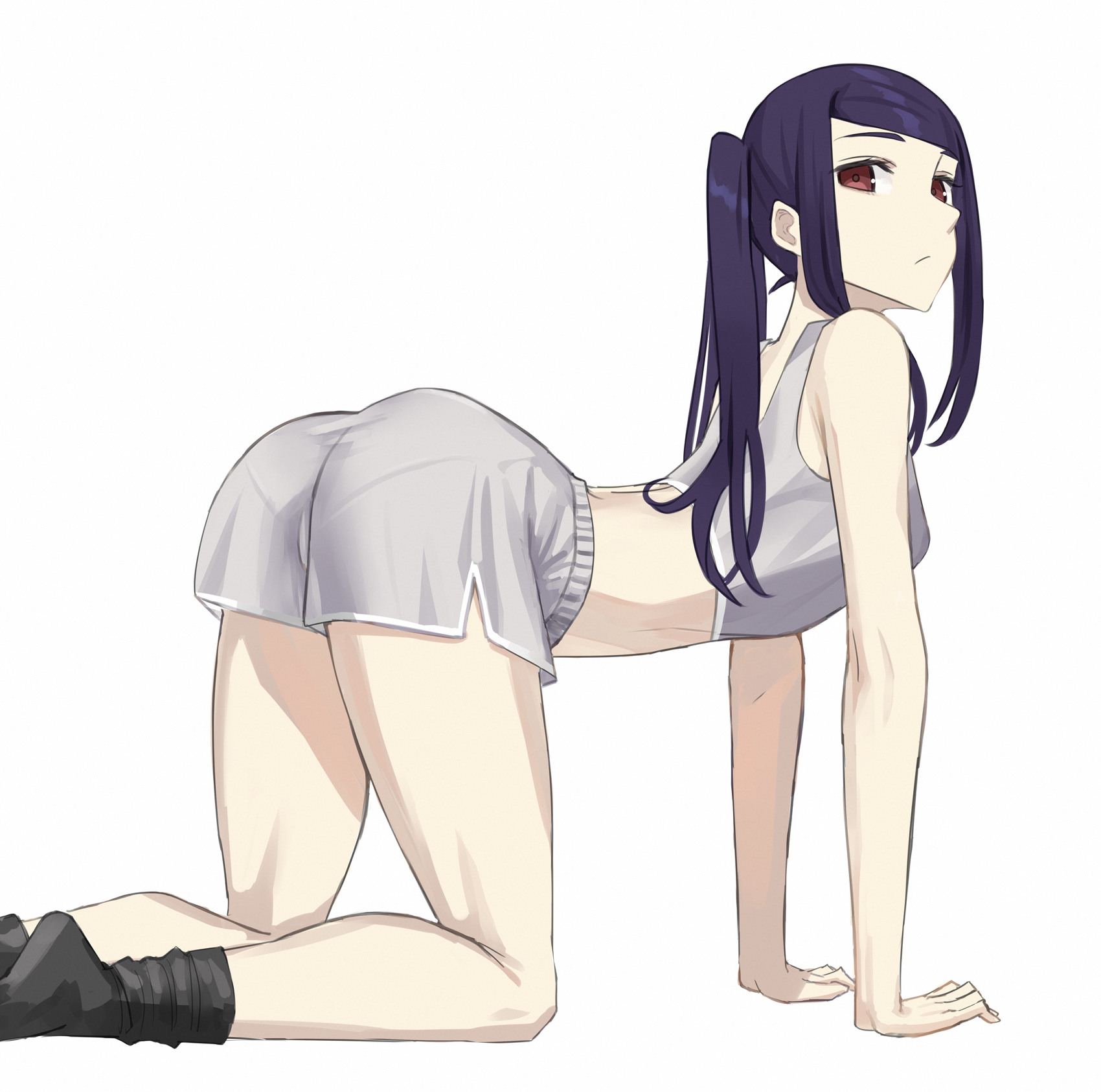 asakiri koko, jill stingray, va-11 hall-a, commentary request, highres, 1girl, all fours, alternate costume, arm support, black socks, crop top, from side, frown, grey shorts, long hair, looking at viewer, loose socks, midriff, purple hair, red eyes, short shorts, shorts, sidelocks, simple background, socks, solo, swept bangs, turning head, twintails, white background
