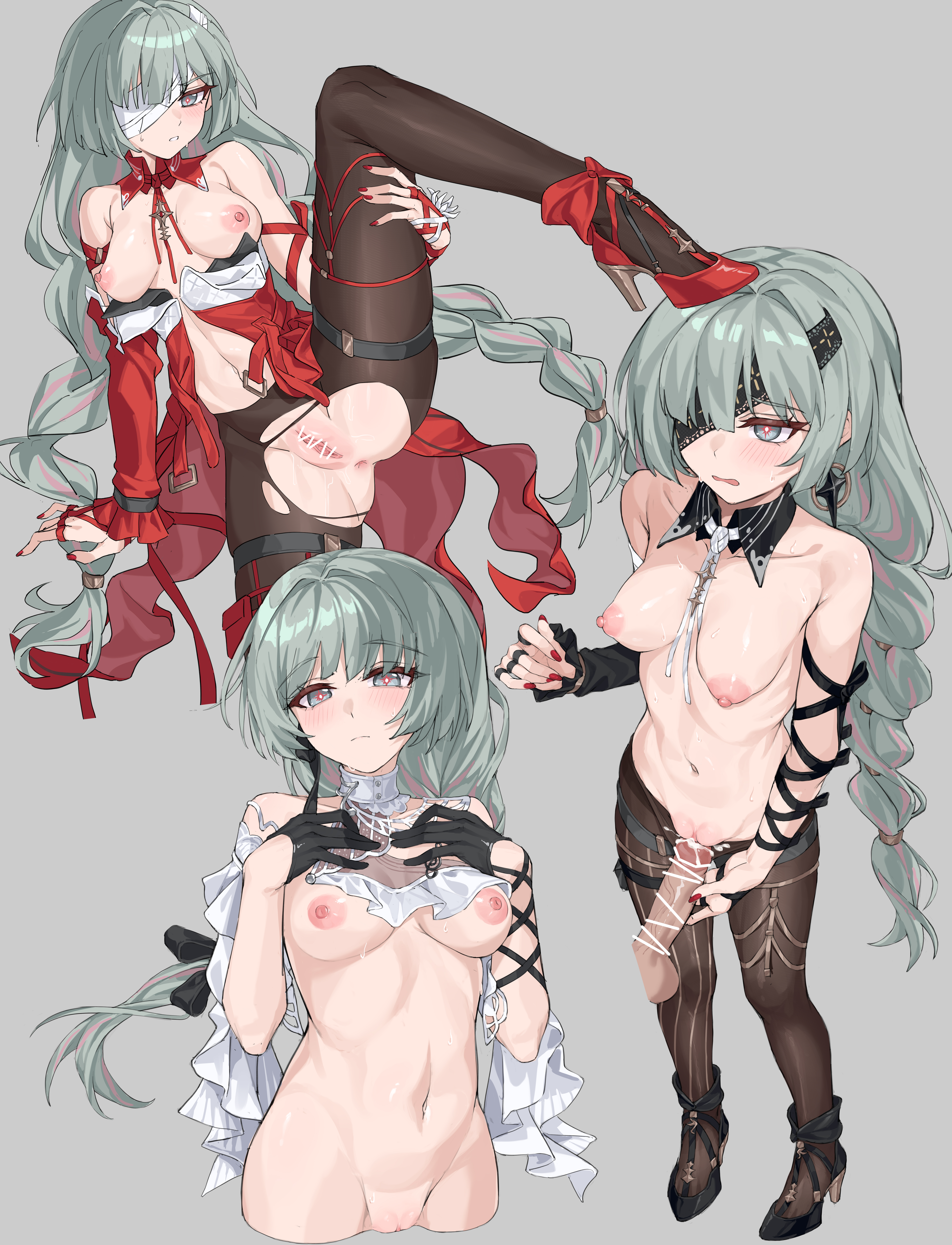 yume (454565427), phrolova (wuthering waves), wuthering waves, absurdres, highres, 1boy, 1girl, anus, bandage over one eye, braid, breasts, brown pantyhose, censored, cum, cum in pussy, grey eyes, grey hair, hetero, high heels, long hair, medium breasts, mosaic censoring, multiple views, nipples, one eye covered, pantyhose, penis, pussy, red nails, sex, simple background, standing, standing on one leg, torn clothes, torn pantyhose, twin braids, vaginal, very long hair